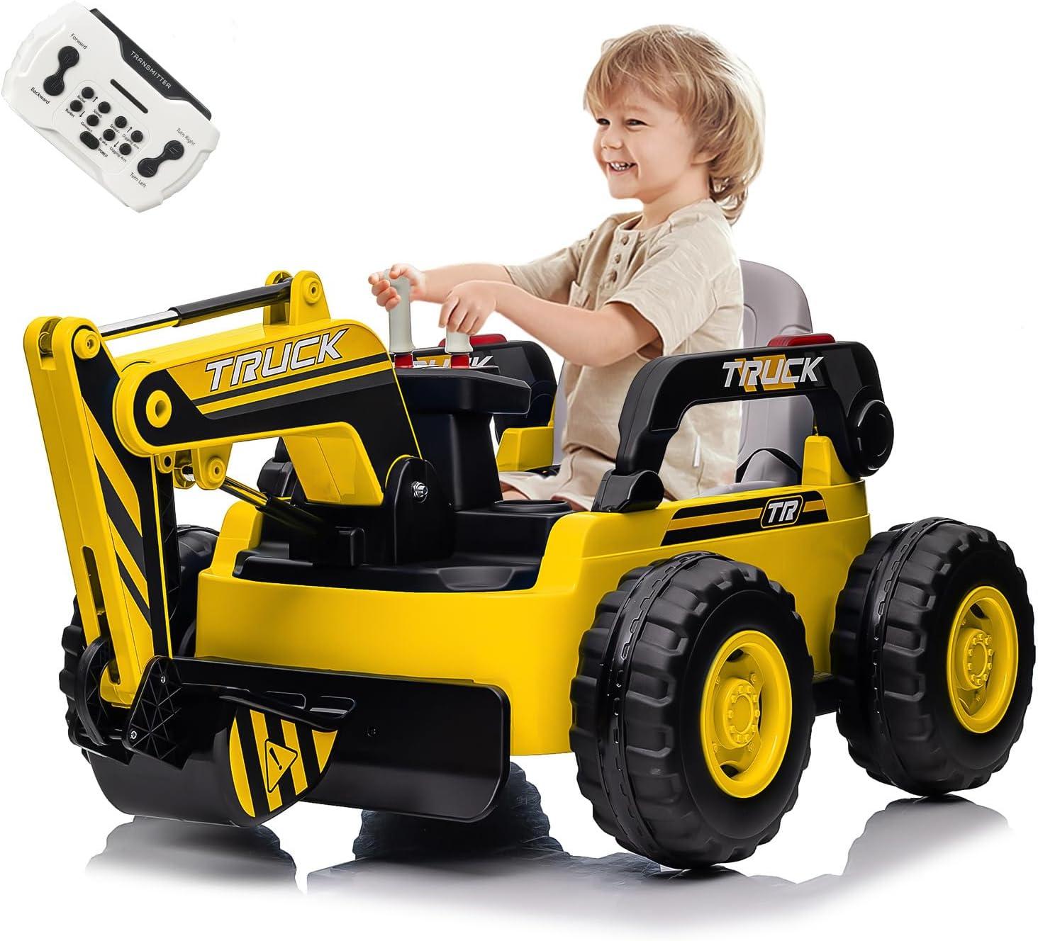 Ride On Excavator for Kids, 4WD Electric Excavator Toy, 12V Battery Powered Construction Truck Digger with Remote Control