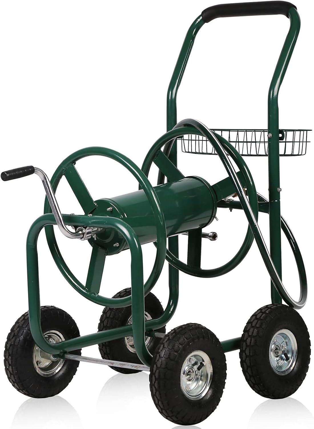 Dkeli Hose Reel Cart Garden Hose Carts with Wheels Heavy Duty Portable Water Hose Cart 4 Wheels Outdoor Yard Lawn Planting Truck with Storage Basket, Green