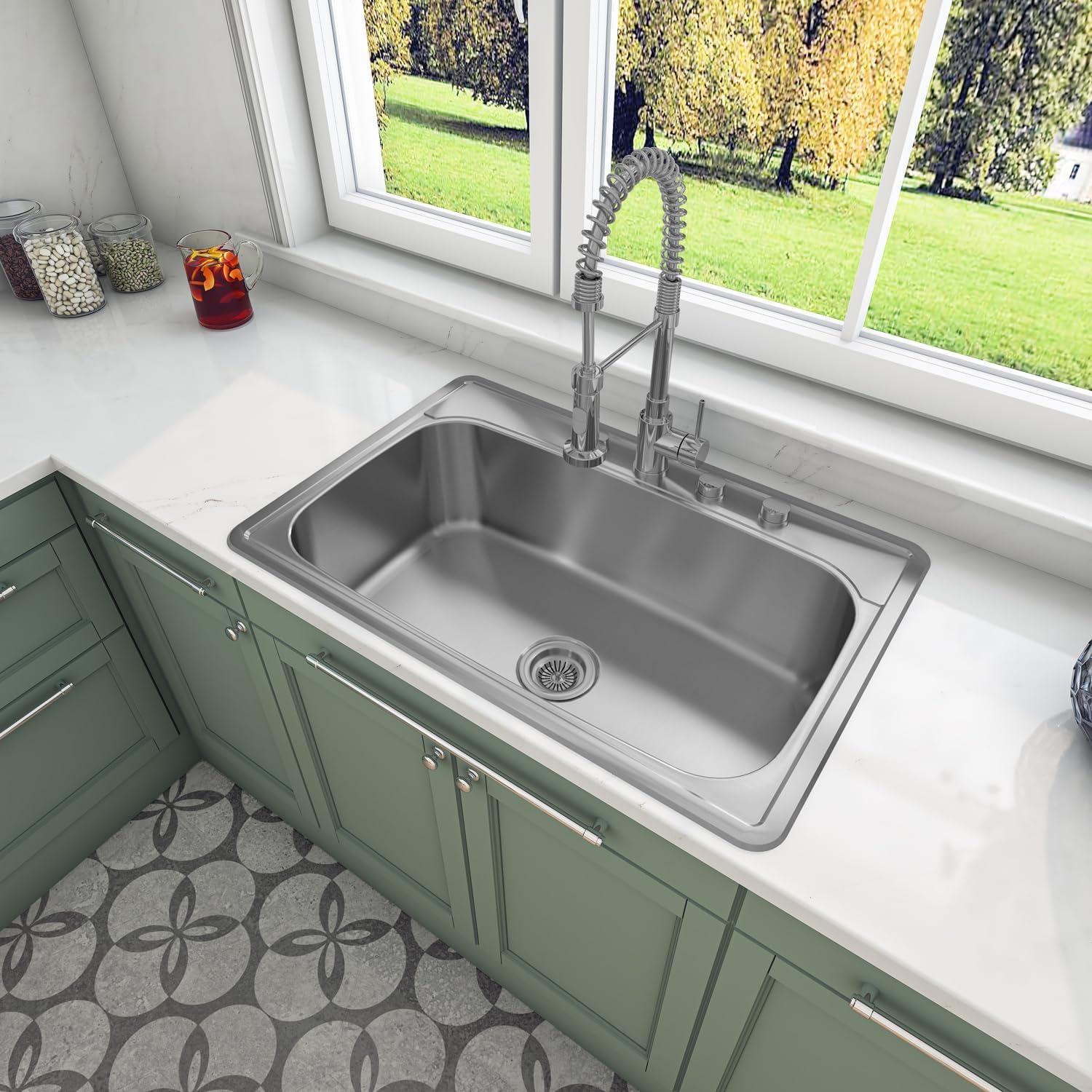 Sinber 33" x 22" Drop In Single Bowl Kitchen Sink with 18 Gauge 304 Stainless Steel Satin Finish