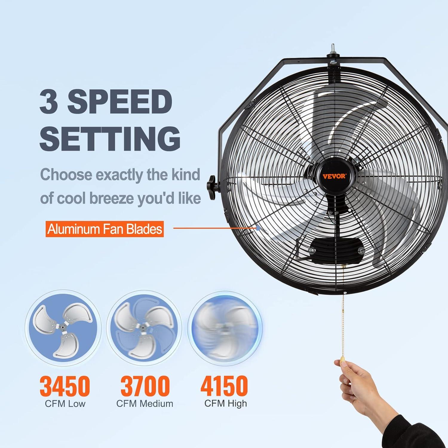 VEVOR 18'' Black Industrial Wall Mount Fan with Aluminum Blades