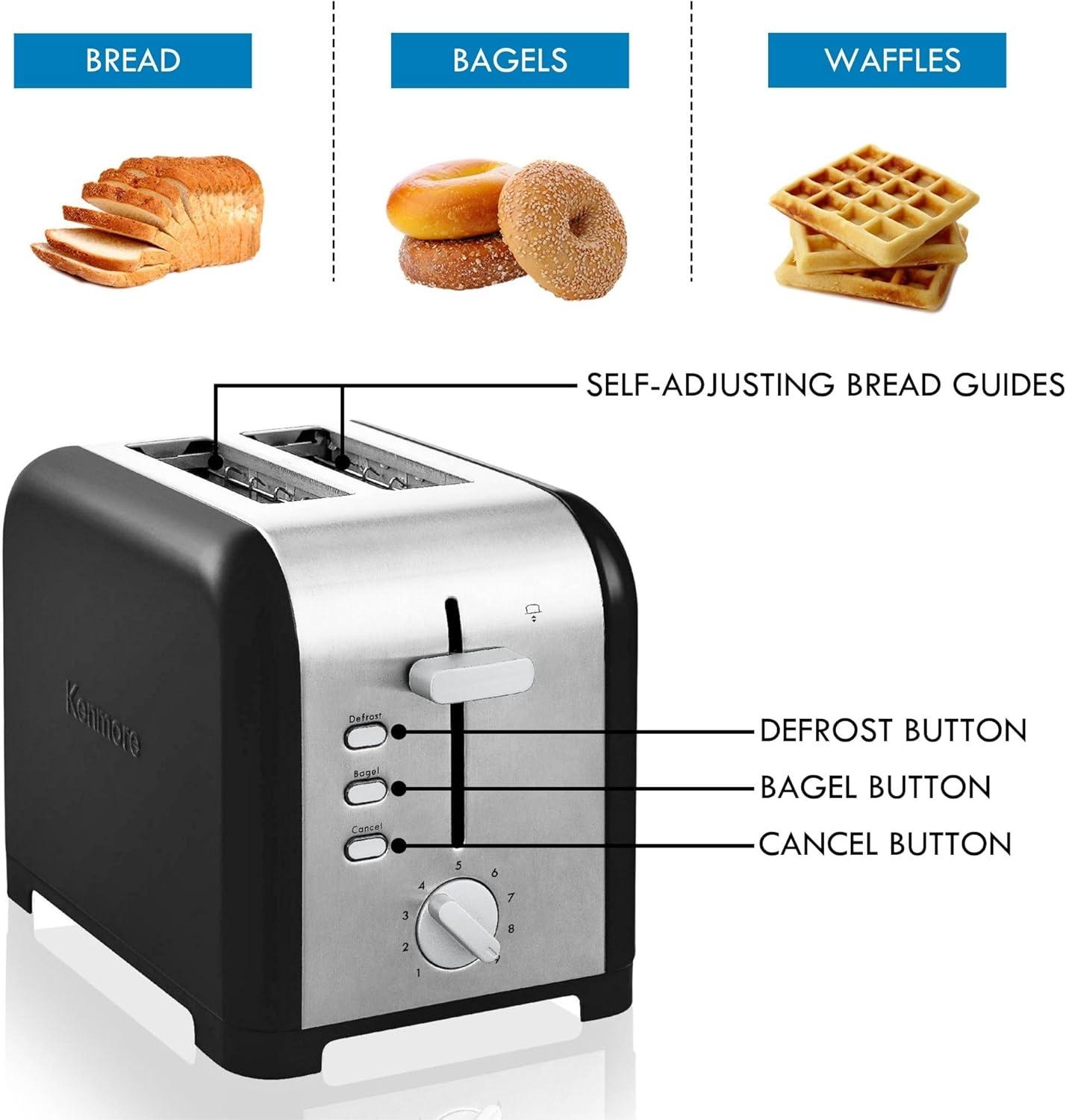 Kenmore 2 Slice Toaster with Wide Slot, Bagel/Defrost Feature, Stainless Steel