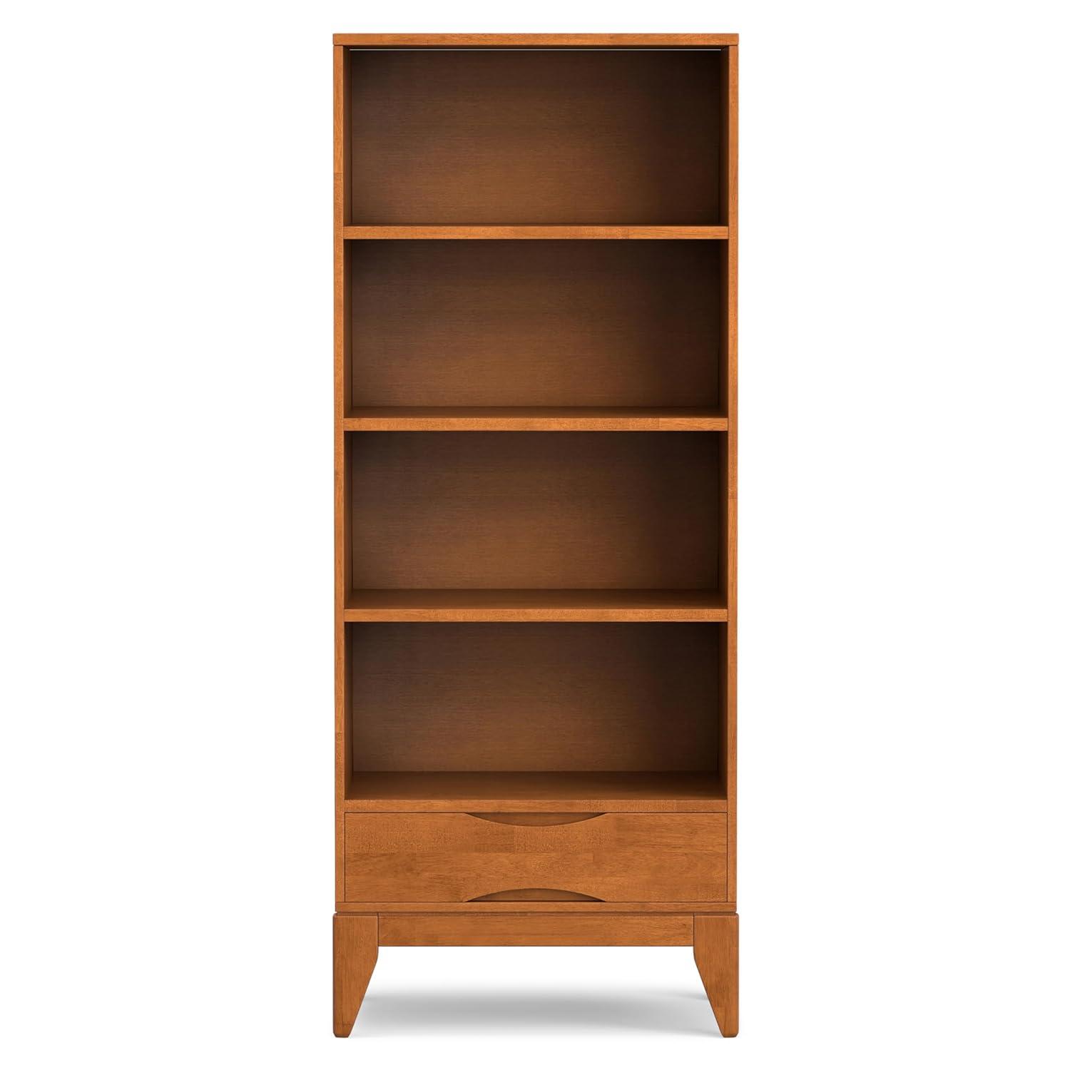 Simpli Home Harper 24"W Solid Hardwood 4 Shelf Mid-Century Modern Bookcase with Drawer and Adjustable Shelves