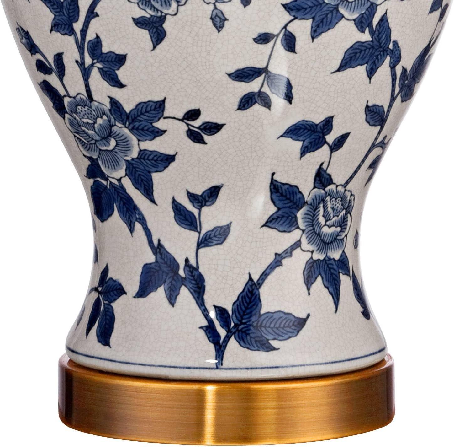 Barnes and Ivy Traditional Table Lamp 25" High Crackle Ceramic Blue and White Rose Vine Temple Jar White Bell Shade for Living Room Family