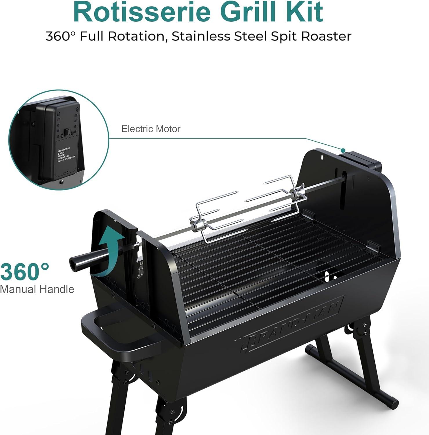 Brand-Man 2 in 1 Charcoal Grill with Rotisserie Grill Kit, Portable ‎Enameled Steel Barbecue Grill, Stainless Steel Spit Roaster with Motor & Adjustable Height for Backyard Camping Patio Tailgating