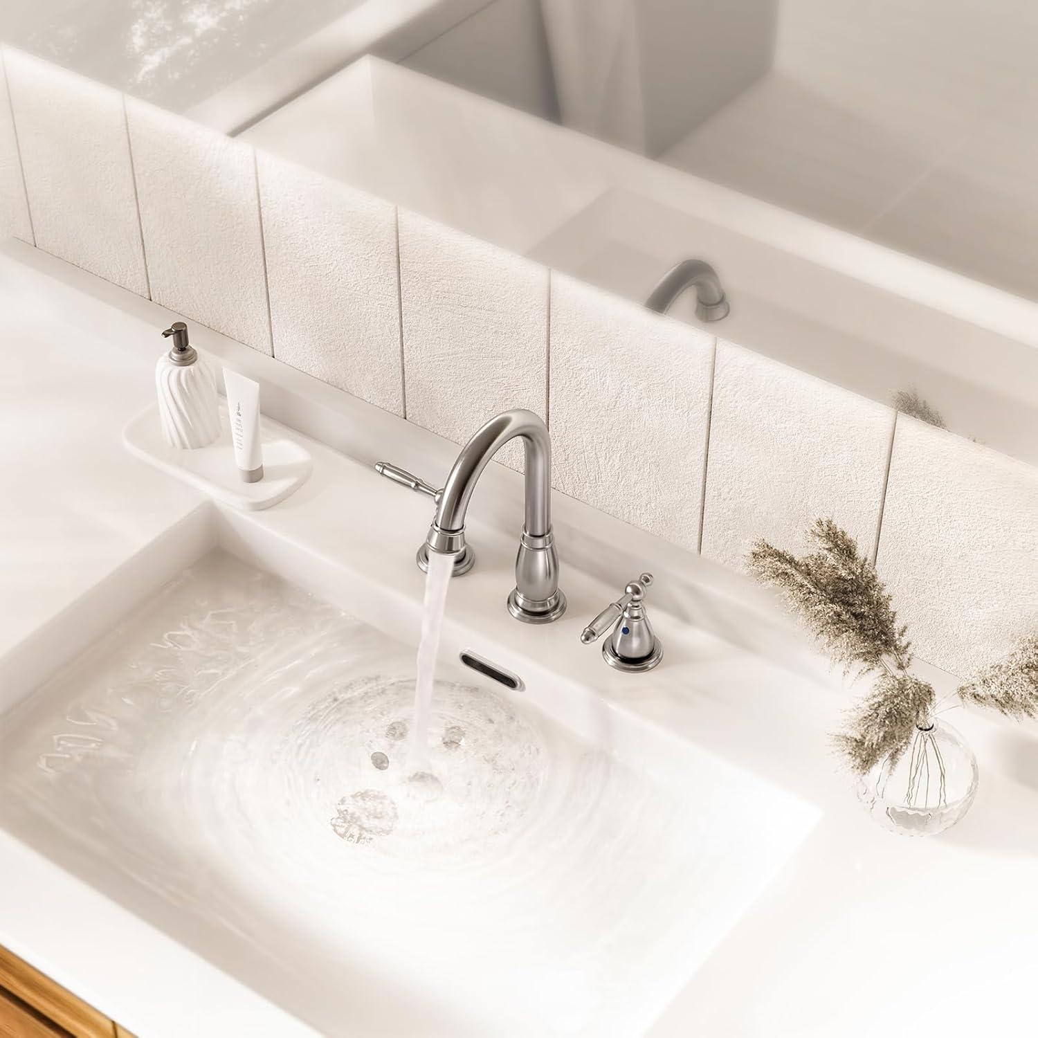 Phiestina 3-Hole 8 inch 2-Handle Brushed Nickel Widespread Bathroom Faucets with Valve and Metal Pop-Up Drain Assembly, WF017-4-BN