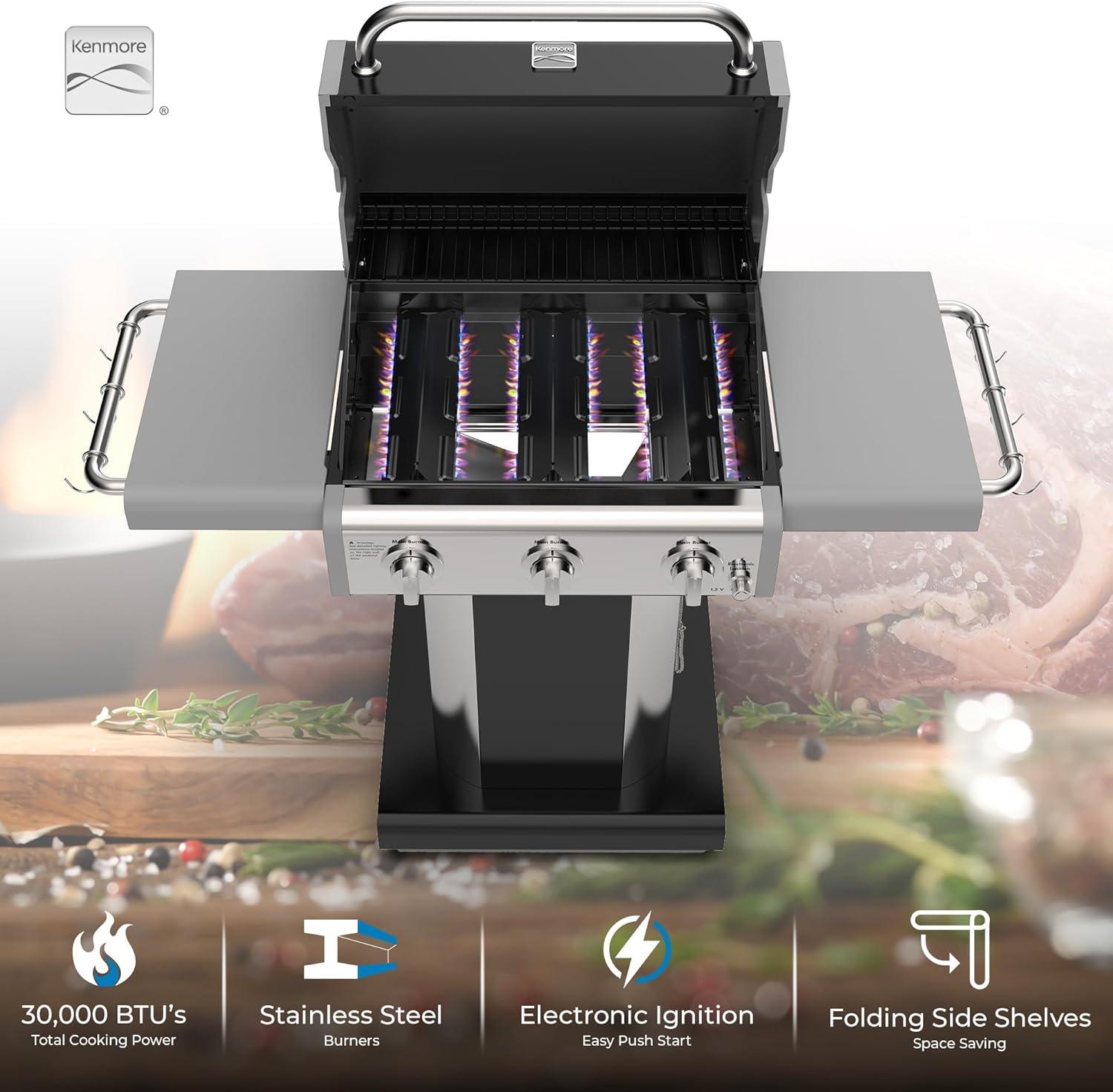 Kenmore 3-Burner Propane Gas Grill with Foldable Side Tables for Outdoor BBQ