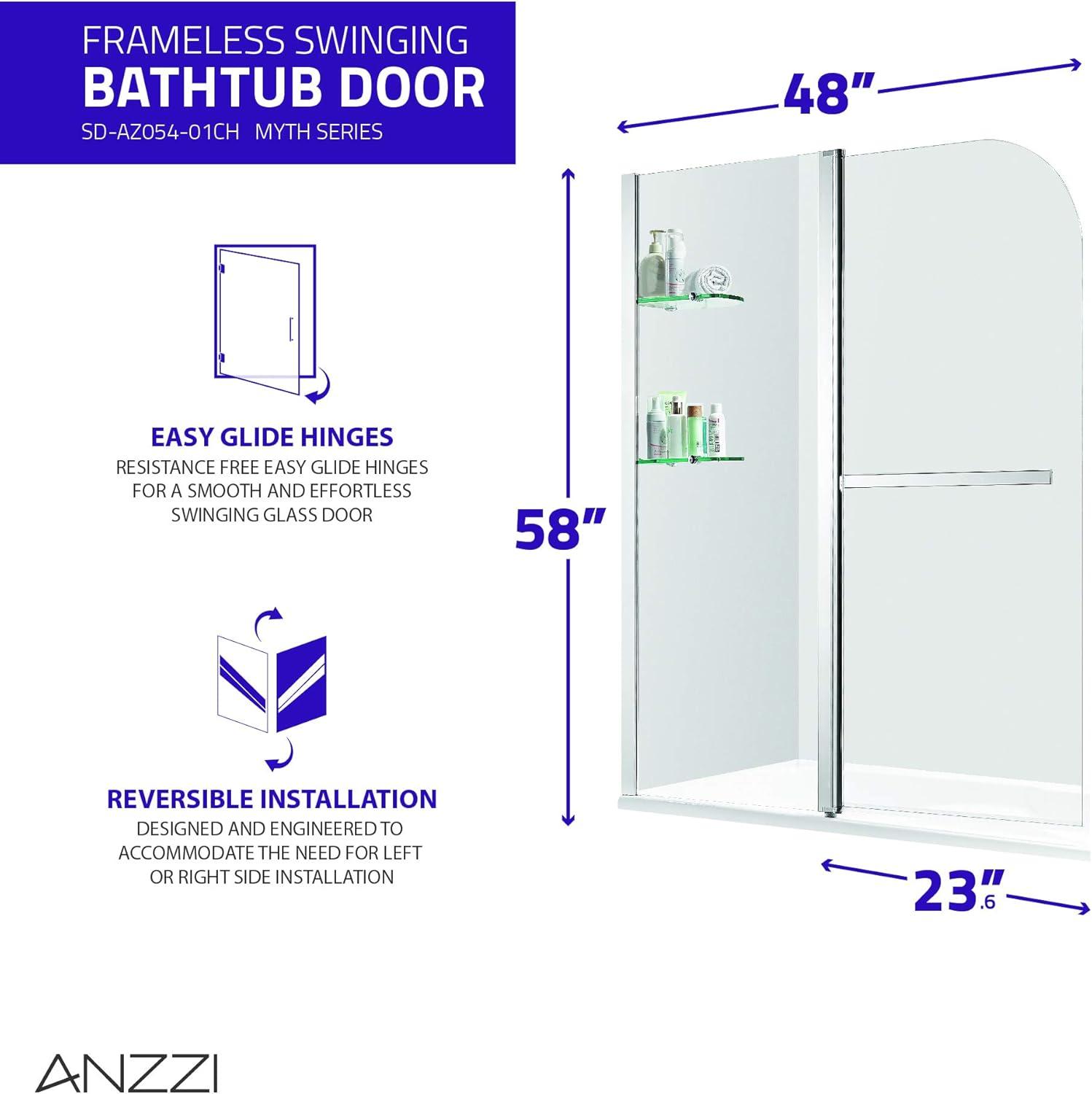 Galleon 58" H Hinged Frameless Tub Door with Tsunami Guard Technology