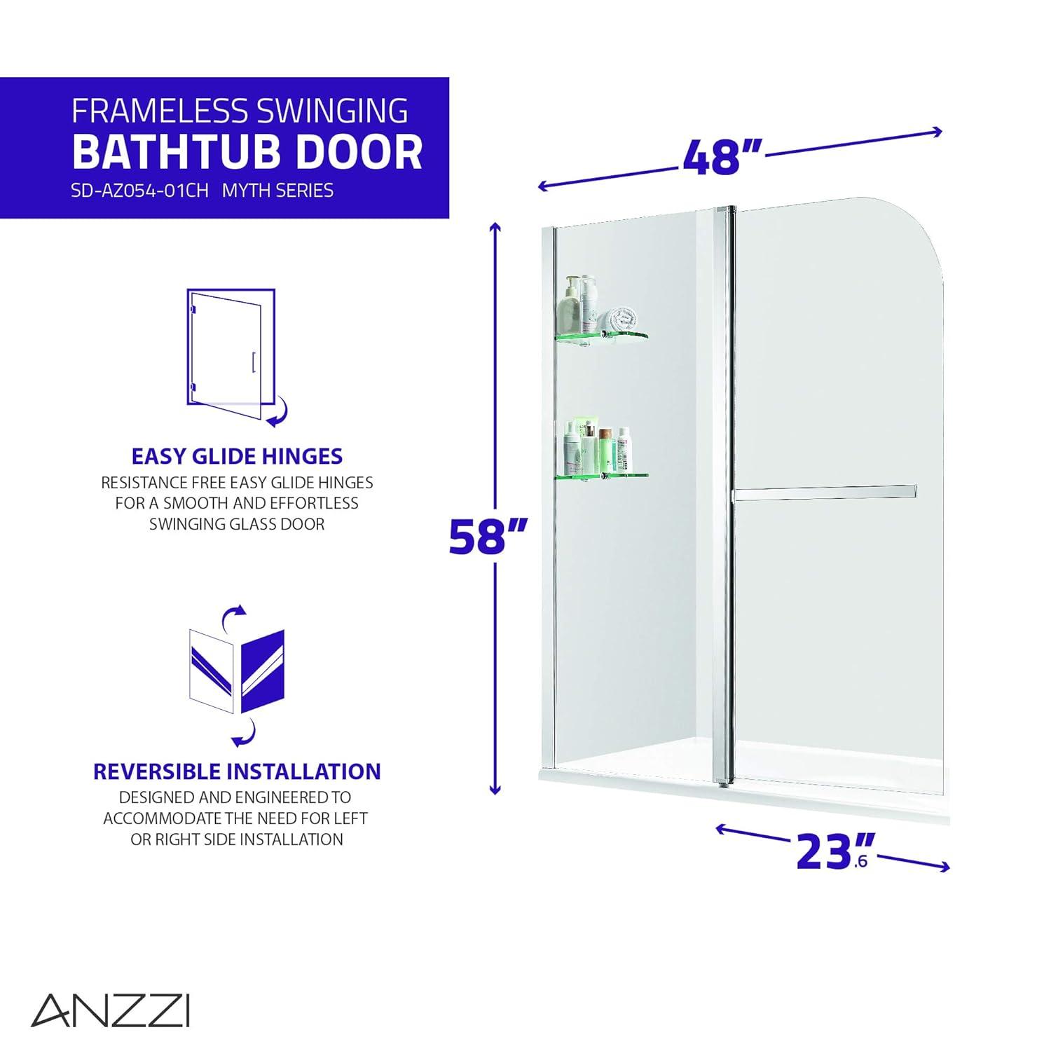 Galleon 58" H Hinged Frameless Tub Door with Tsunami Guard Technology