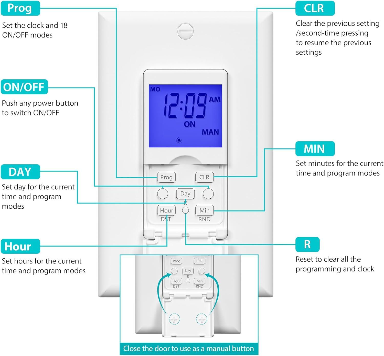 BN-LINK 7 Day Programmable In-Wall Timer Switch for Lights, fans and Motors , Single Pole and 3 Way Both Use, Blue Backlight, Neutral Wire Required, White