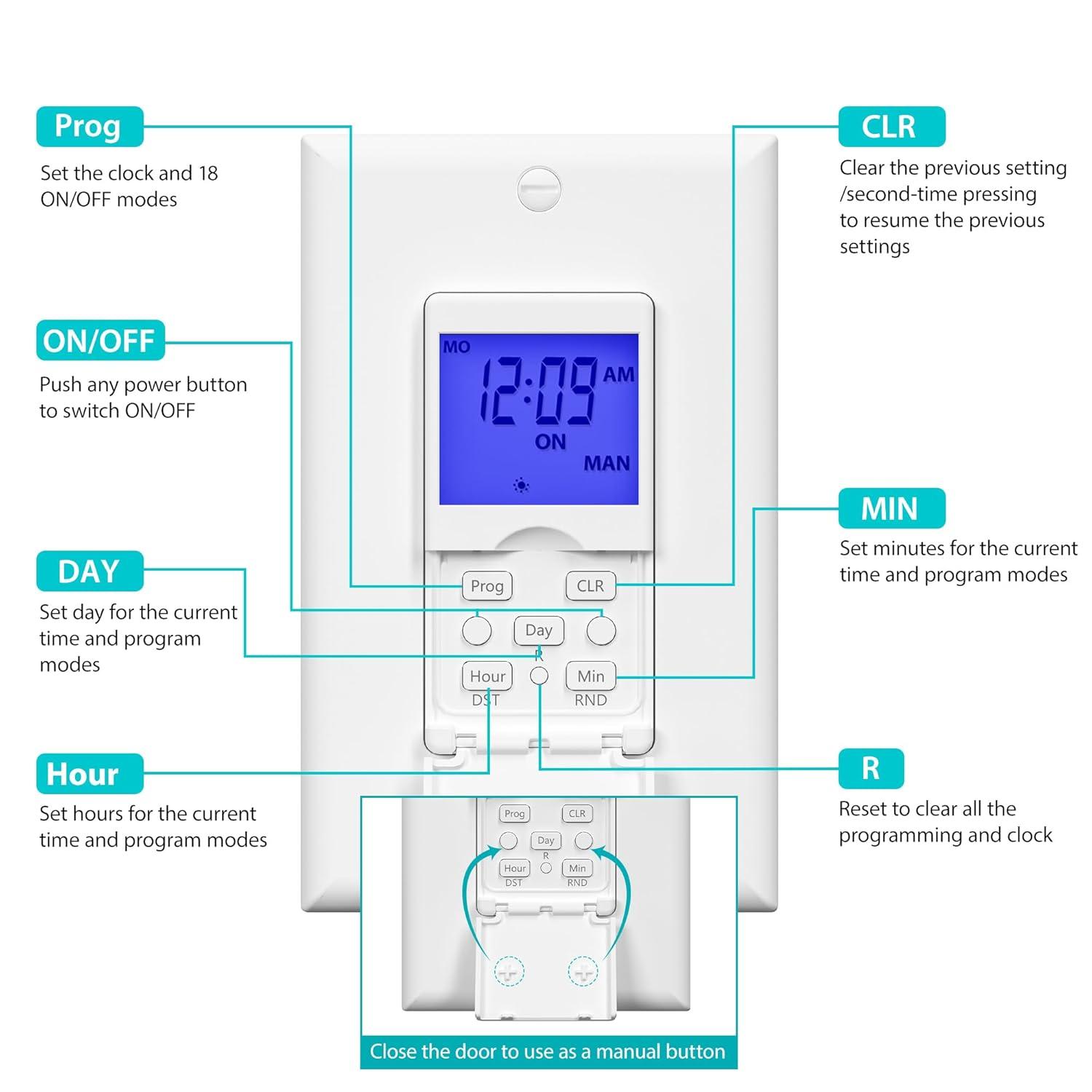 BN-LINK 7 Day Programmable In-Wall Timer Switch for Lights, fans and Motors , Single Pole and 3 Way Both Use, Blue Backlight, Neutral Wire Required, White
