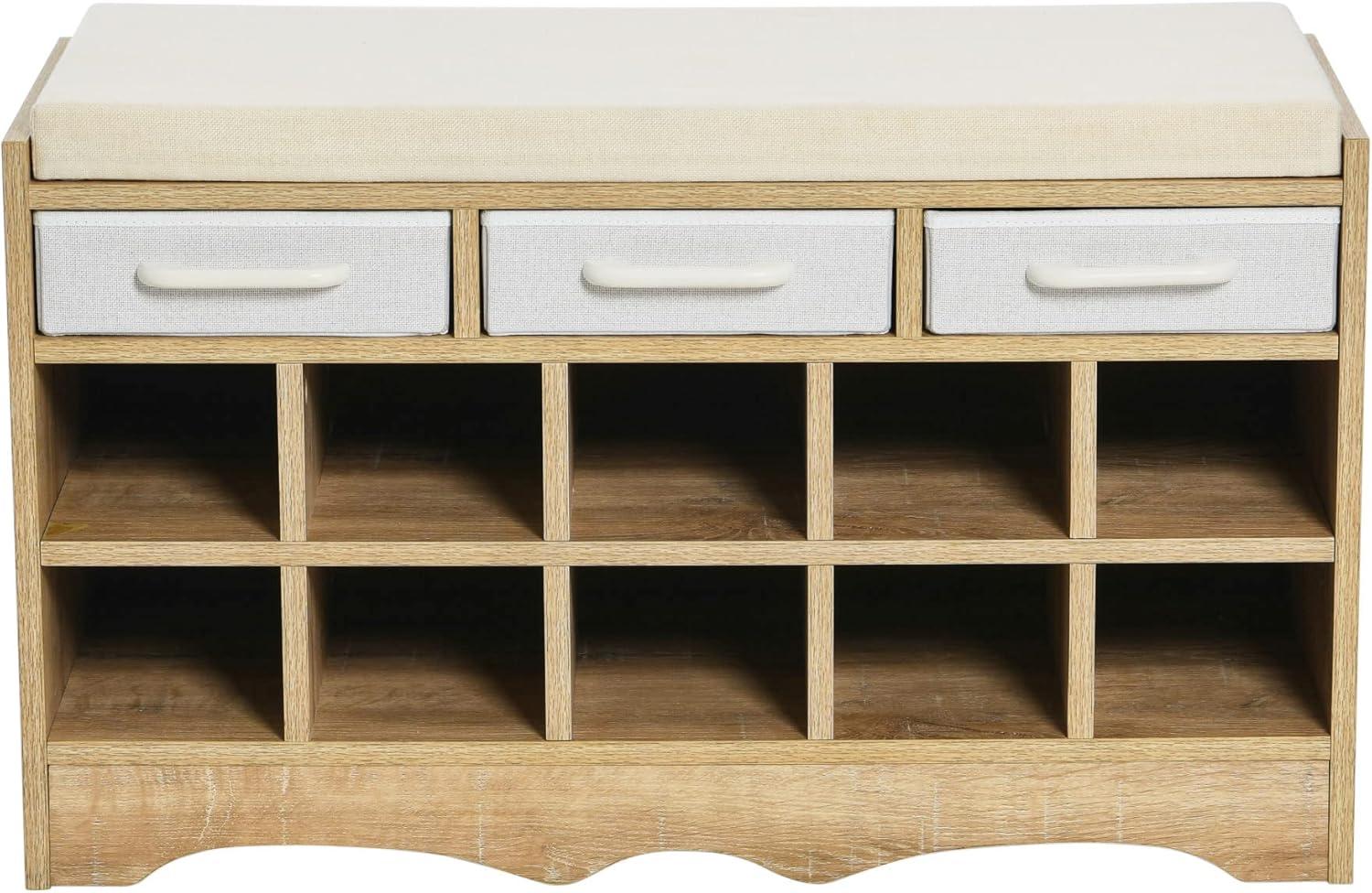 Household Essentials Entryway Storage Bench with 3 Beige Drawers 10 Shoe Compartments and Cushioned Seat in Coastal Oak Rustic Wood Grain
