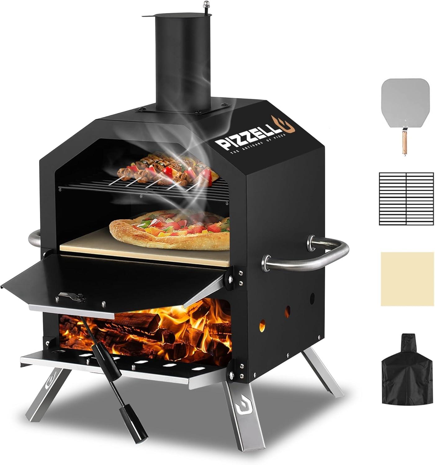 12 in. Outdoor Wood Fired Pizza Oven 2-Layer Pizza Maker Outside Pizza Grill for Backyard Parties, Black