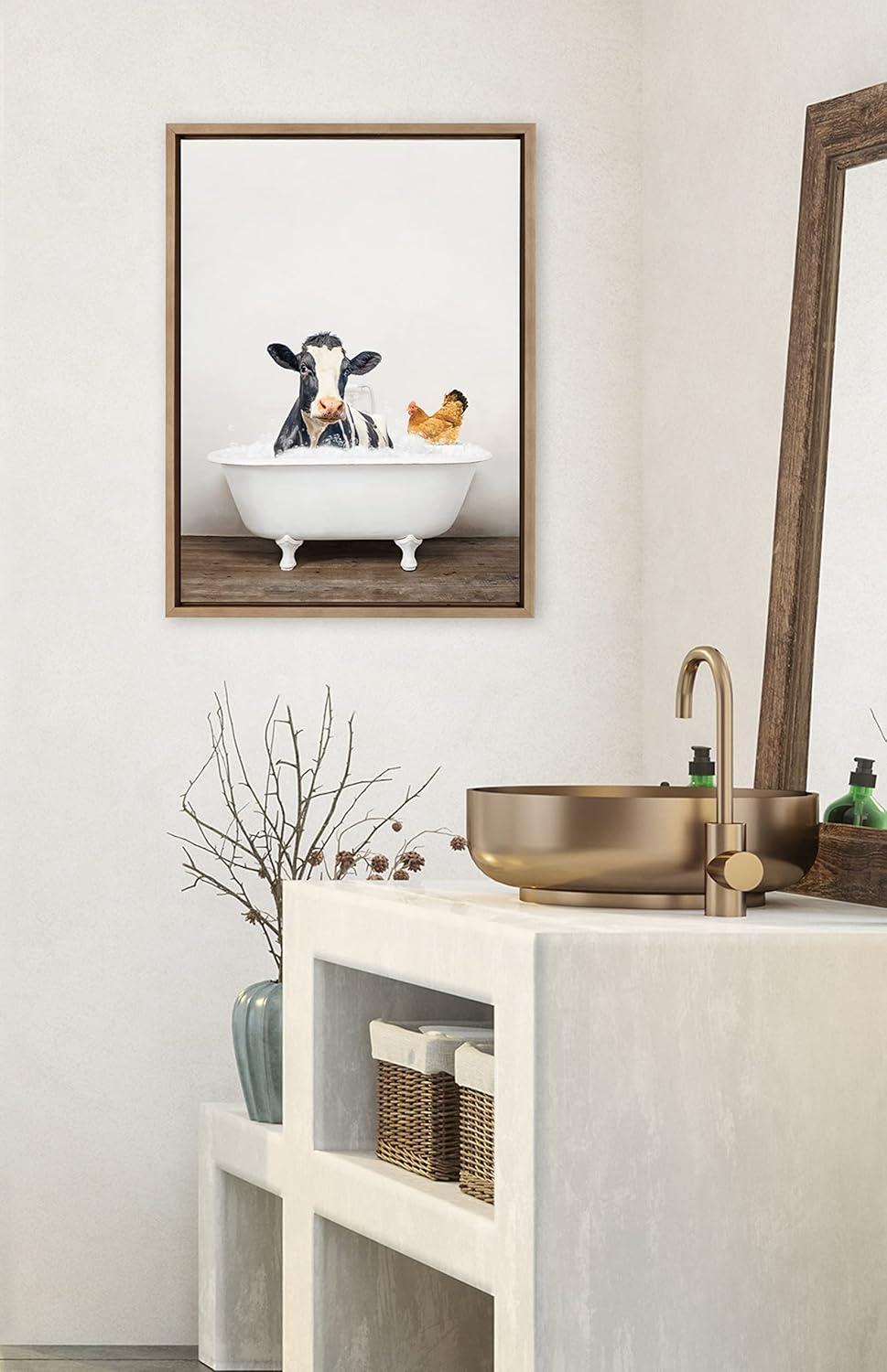 Kate & Laurel All Things Decor 18"x24" Sylvie Cow and Chicken in Rustic Bath Frame Canvas by Amy Peterson: Whimsical Wall Art