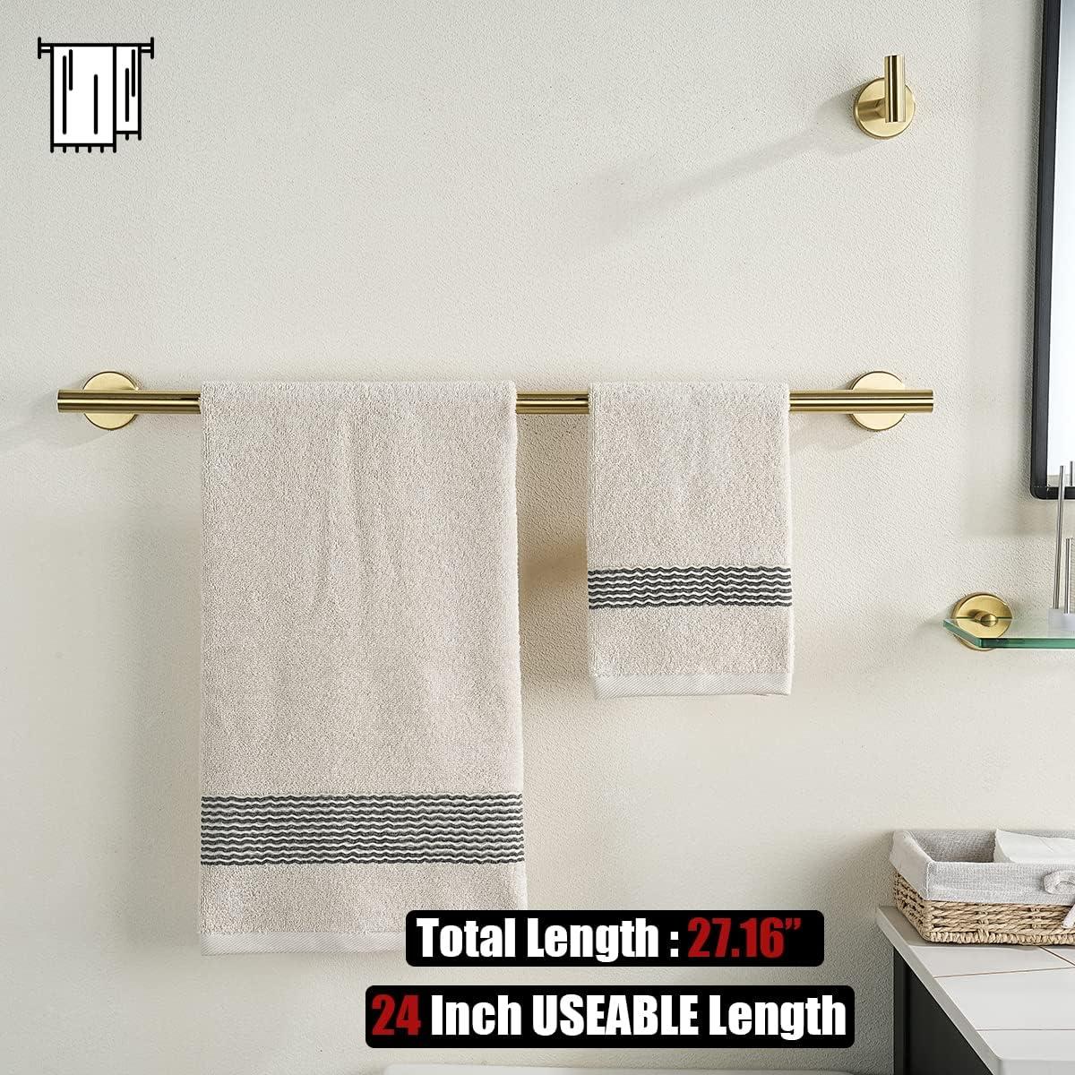 Bathroom Hardware Set Gold, 5-Piece Bath Accessories Set Brushed Gold Wall Mount includes 24 in Towel Bar, 7 in Towel Ring, Toilet Paper Holder, 2 Towel Hooks, BAS165-BG