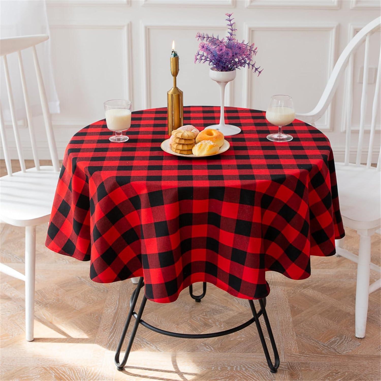 Buffalo Plaid Round Tablecloth Checkered Cotton Linen Table Cover for Kitchen Dining Room Home Decor ( Round - 48 Inch, White & Black )