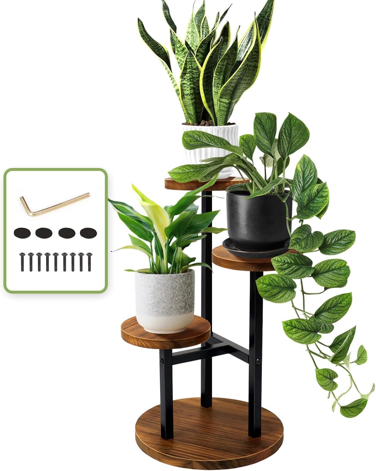 Tall Black Iron and Wood 3-Tier Plant Stand