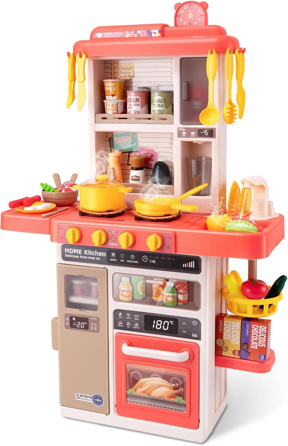 Koppop Kids Kitchen Playset 50pcs - with Sound, Light & Steam Effects, Pretend Play Toys Includes Food, Sink & Stove, Ideal for Boys & Girls Ages 3-6 (Red).