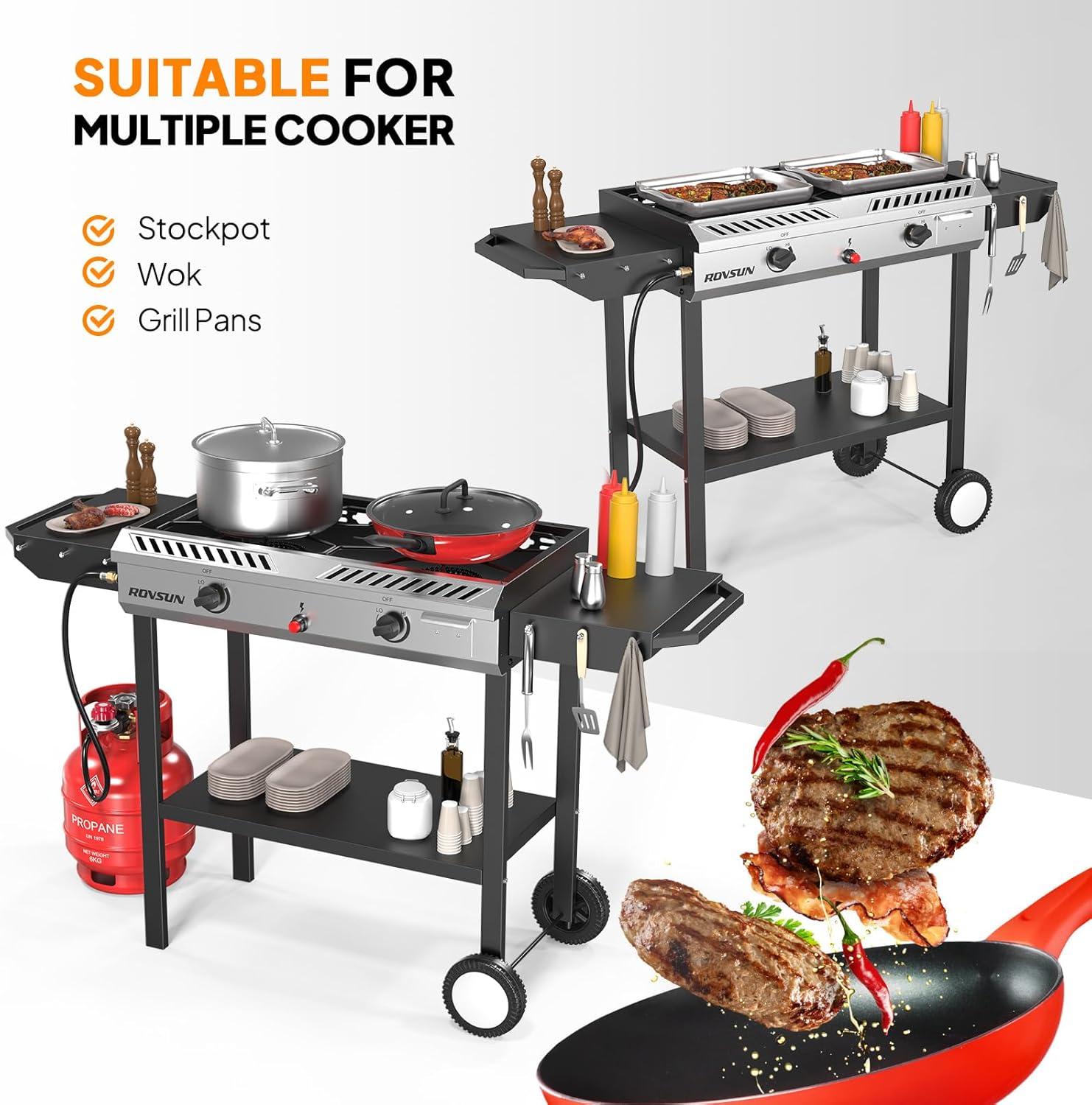 ROVSUN 2 Burner Outdoor Propane Gas Stove with Ignition, Regulator & Shelf, 150,000 BTU Powerful Cooker for Backyard Patio Cooking Home Canning Frying