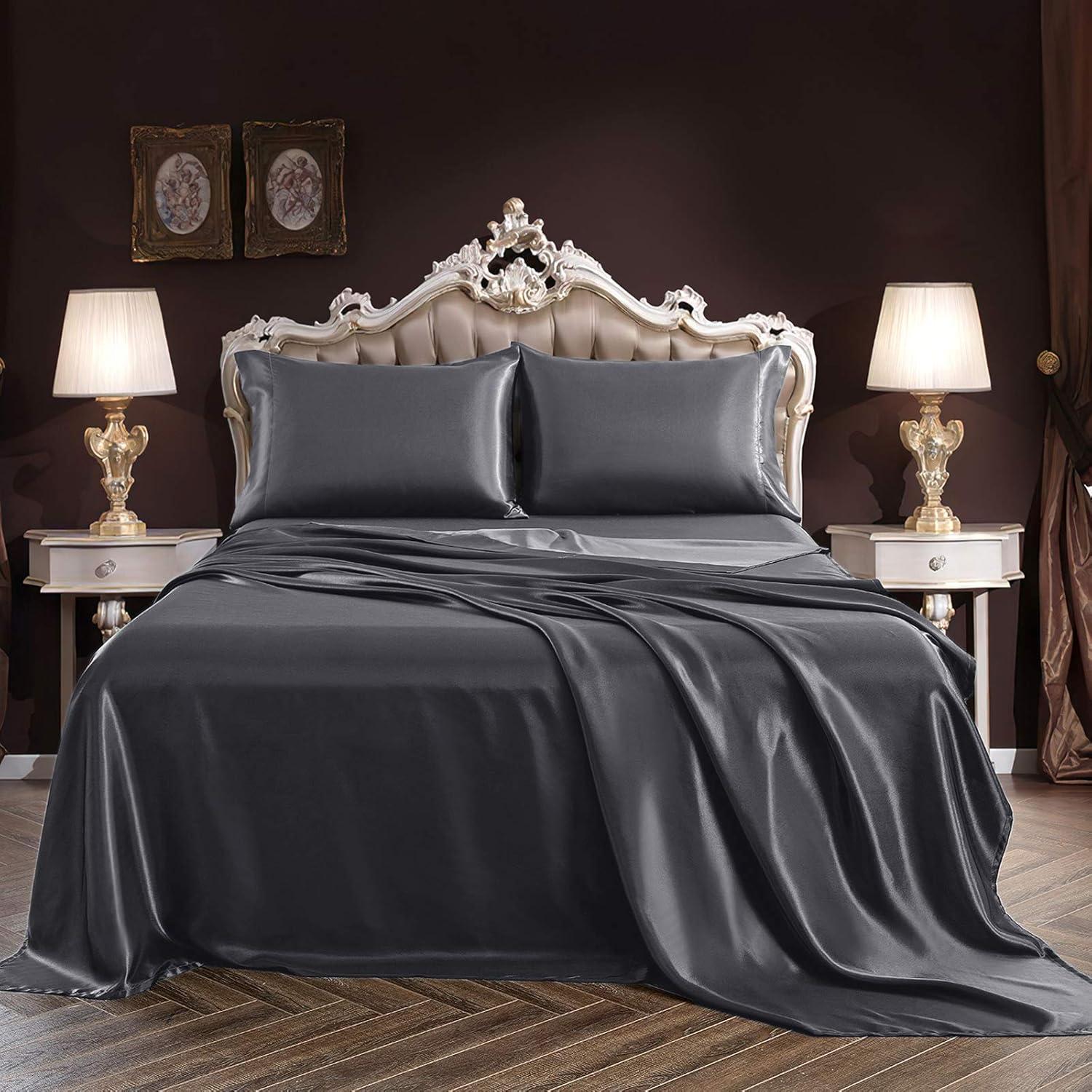 ANMINY Satin Sheets Queen Silk Sheets Gray Bed Sheet Set Deep Pocket Bed Flat Fitted Sheet, 4-Pieces