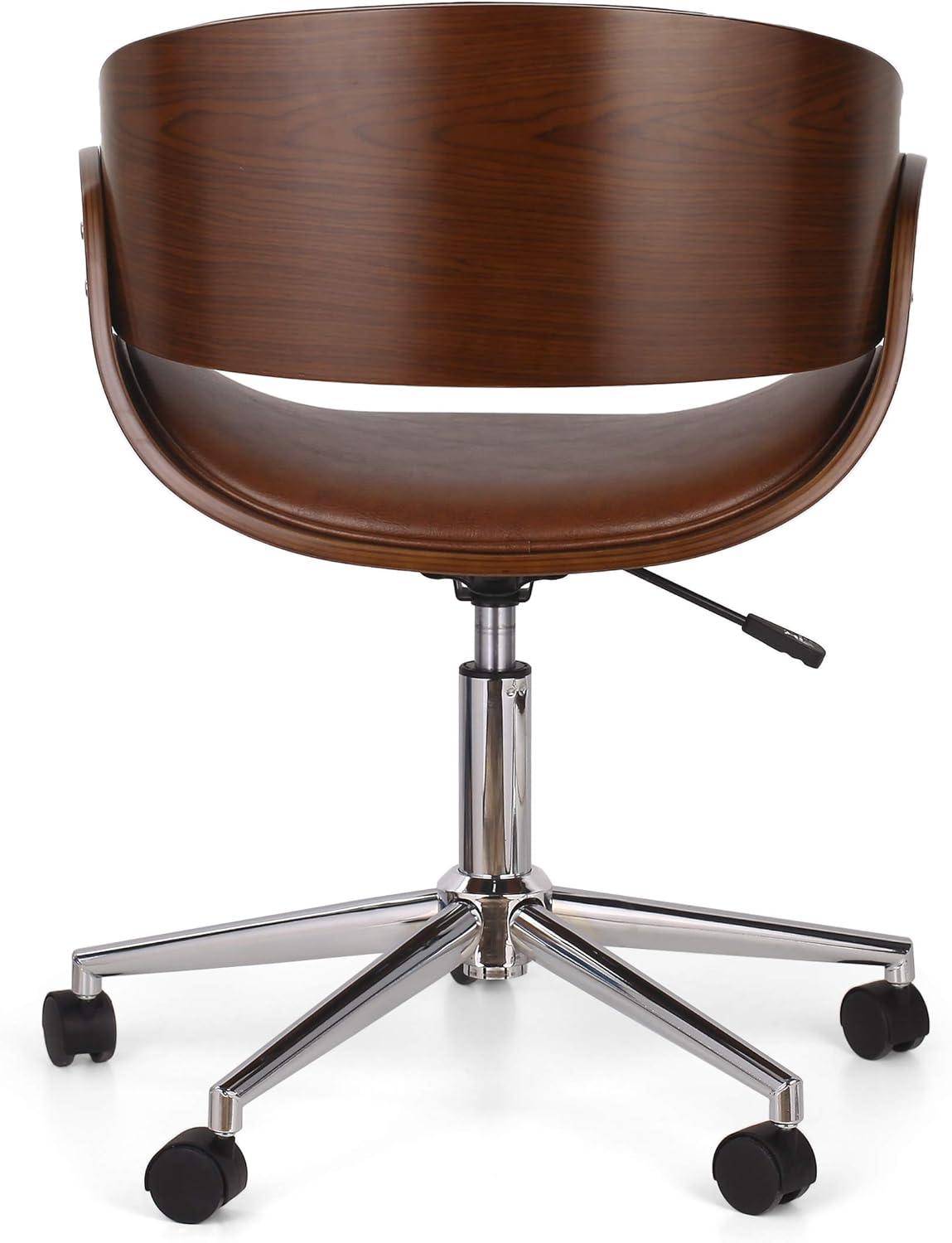 Cognac Leather Mid-Century Swivel Office Chair with Chrome Base