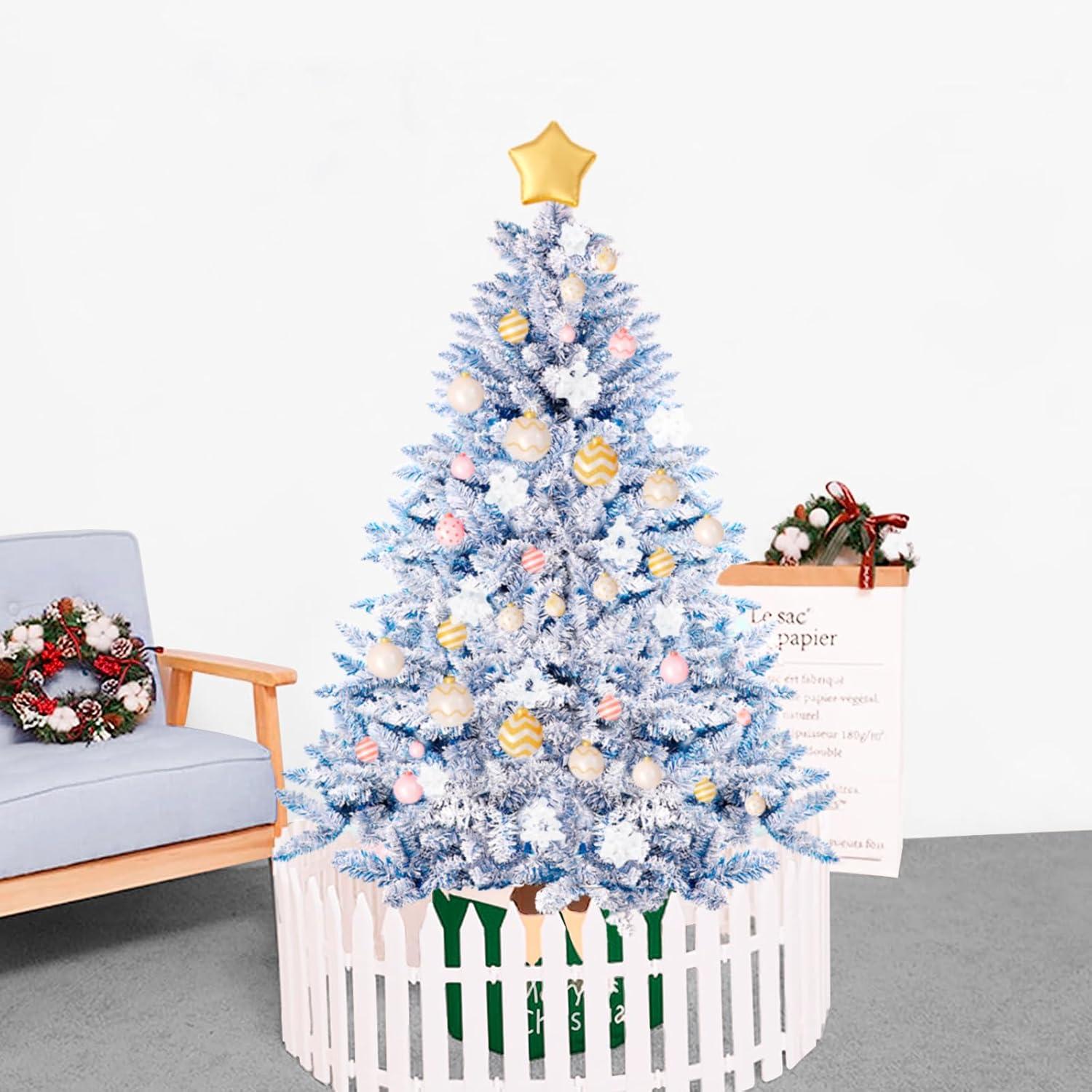 6 FT Blue Snow Flocked Artificial Christmas Tree with Metal Stand