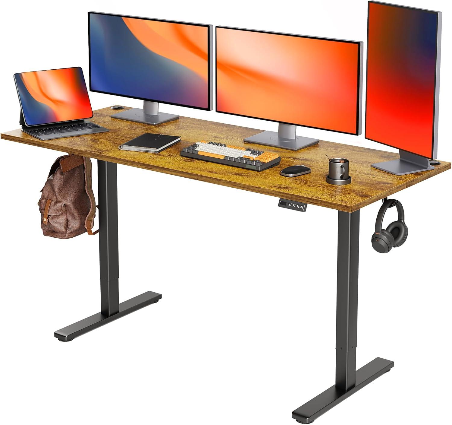 Rustic Brown Adjustable Height Standing Desk with Cup Holder and Headphone Hook