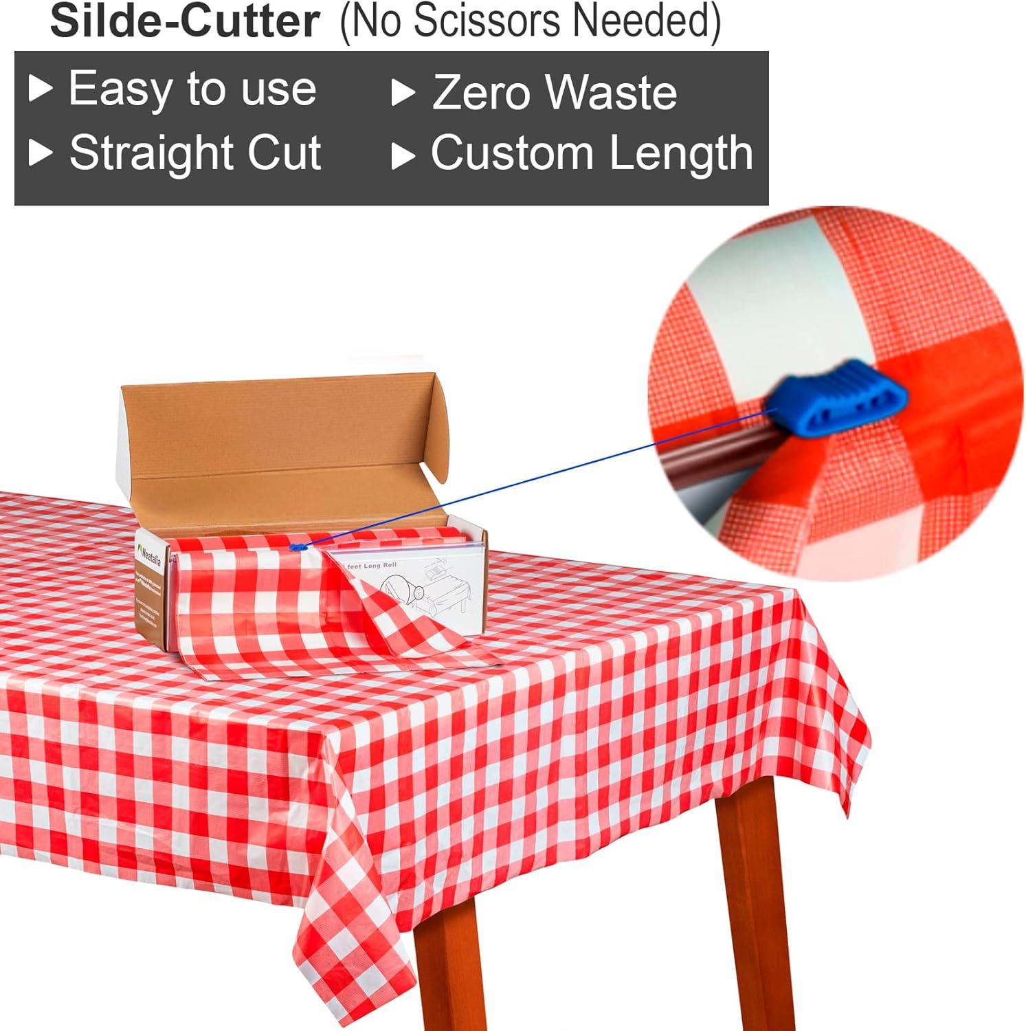 Neatalia 120 ft Red Checkered Premium Disposable Plastic Tablecloth Roll, Including 6 Metal Table Cover Clips | 120 feet by 54 inch Covers Any Size or Shape