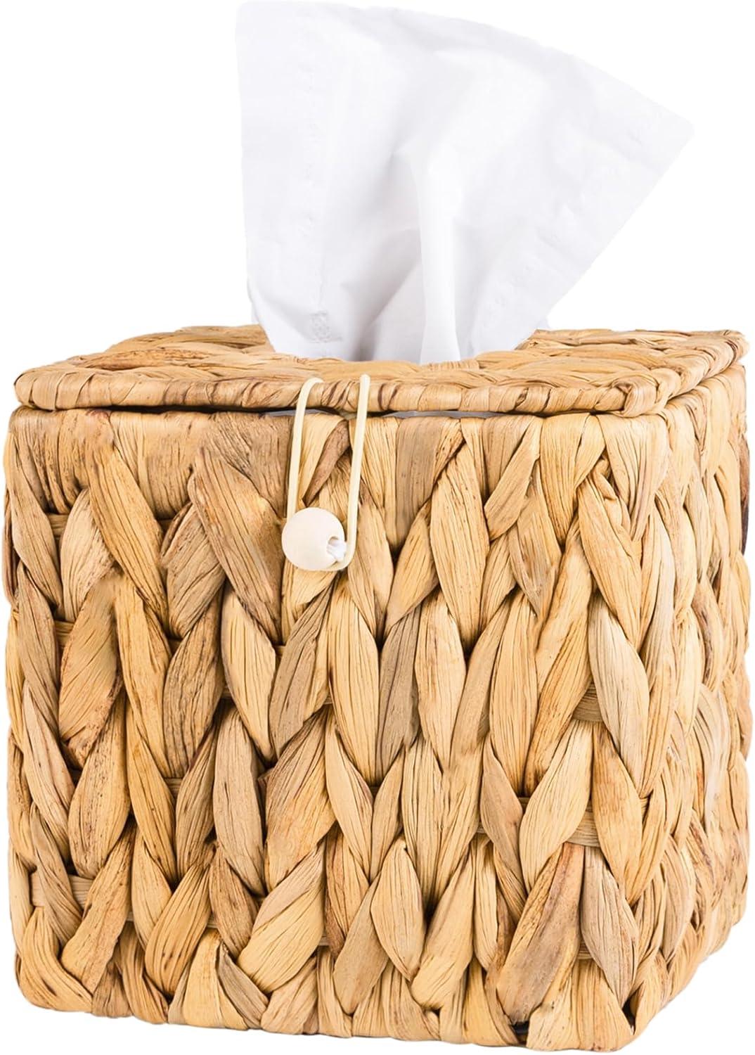 PINXIURY Water Hyacinth Handwoven Tissue Box Cover, Natural Handmade Wicker Napkin Box Holder, Handcrafted Square Facial Tissue, Rustic Decorative on Table and Bathroom, Office, Boho Decorative