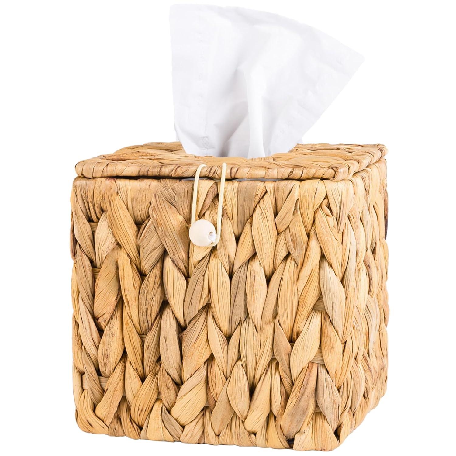 PINXIURY Water Hyacinth Handwoven Tissue Box Cover, Natural Handmade Wicker Napkin Box Holder, Handcrafted Square Facial Tissue, Rustic Decorative on Table and Bathroom, Office, Boho Decorative