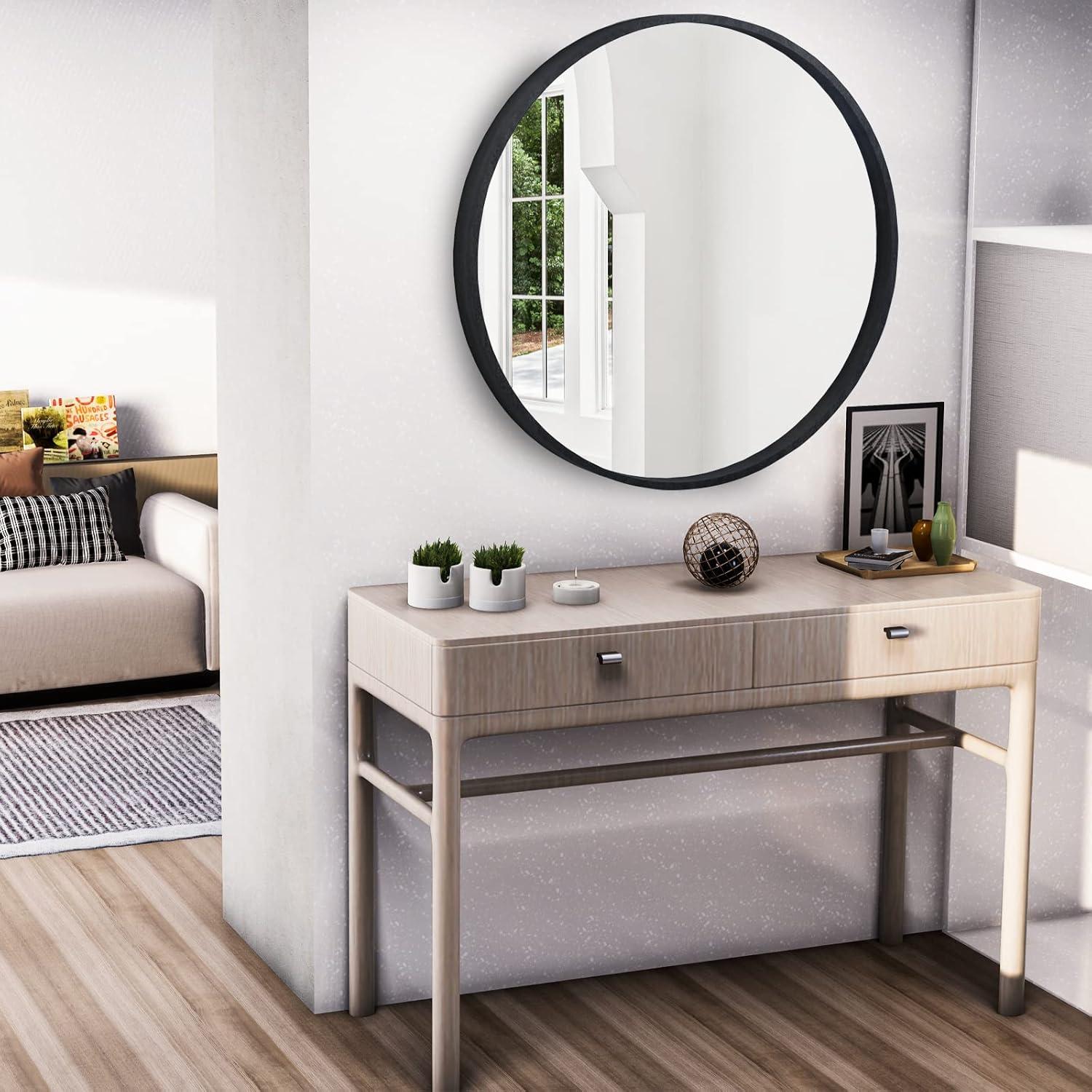 Walnut Round Pine Wood Mirror, 32" Diameter