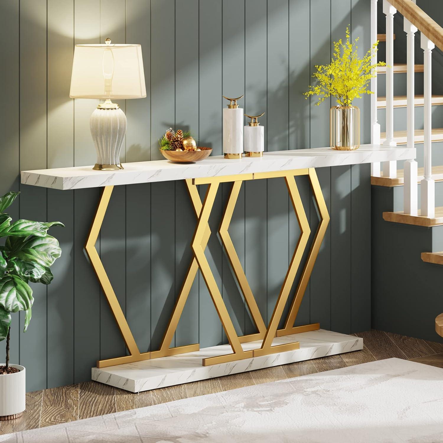 Tribesigns 70.9 Inch Extra Long Sofa Table, Modern Console Table with Faux Marble Tabletop, Long Entryway Table for Entrance, Gold and White