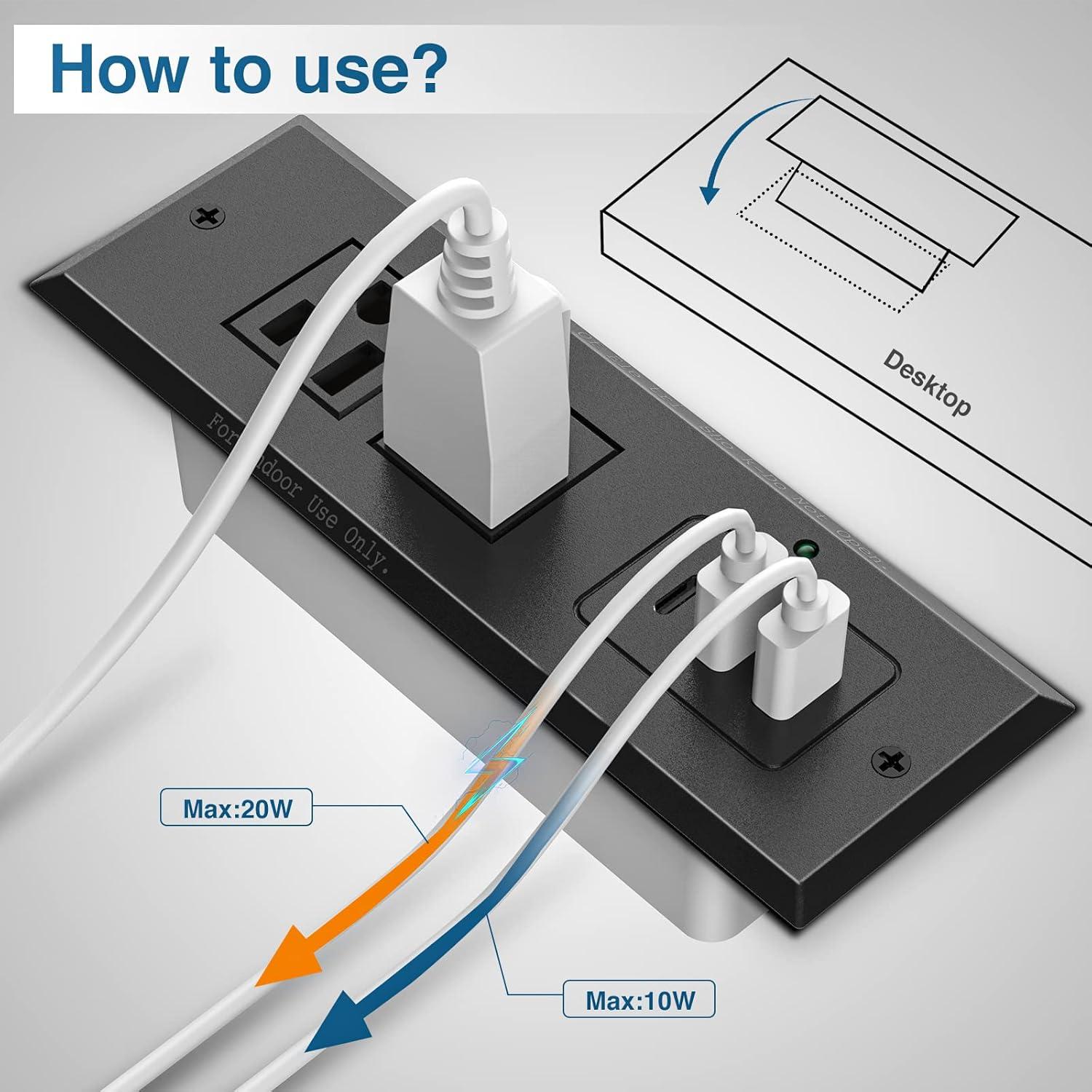 Black Recessed Power Strip with USB-C Fast Charging