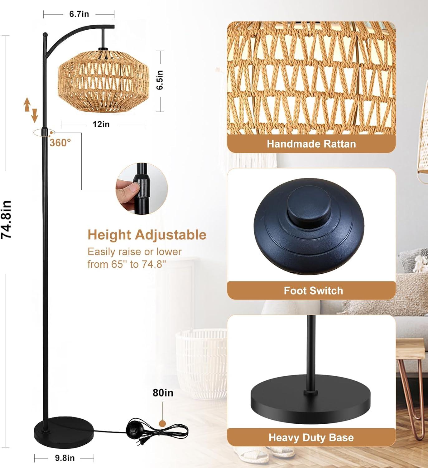 Bay Isle Home™ Boho 72'' Rattan Floor Lamp With 3 Color Temps, 360° Rotatable Modern Farmhouse Design For Bedroom/Living Room/Office