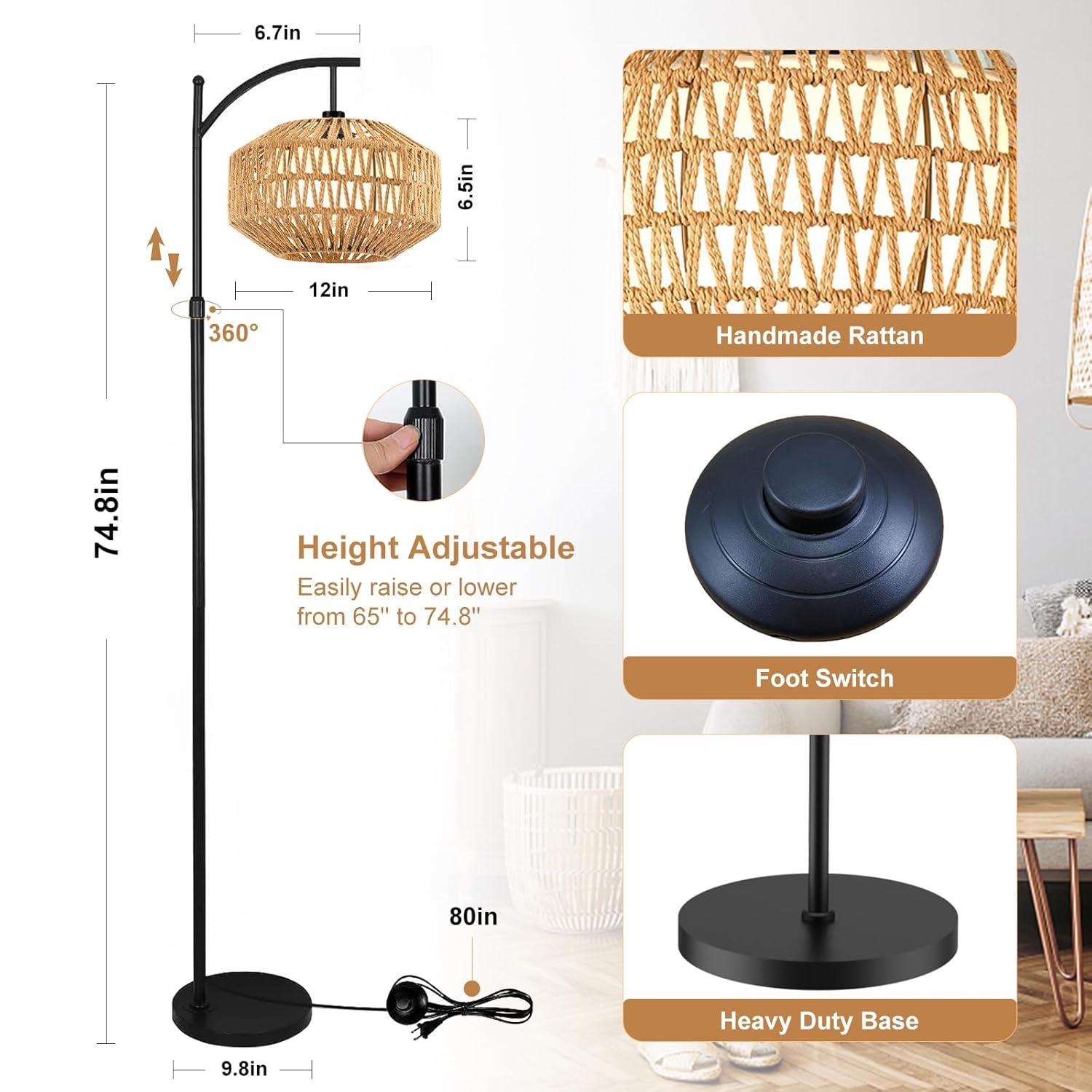 Bay Isle Home™ Boho 72'' Rattan Floor Lamp With 3 Color Temps, 360° Rotatable Modern Farmhouse Design For Bedroom/Living Room/Office