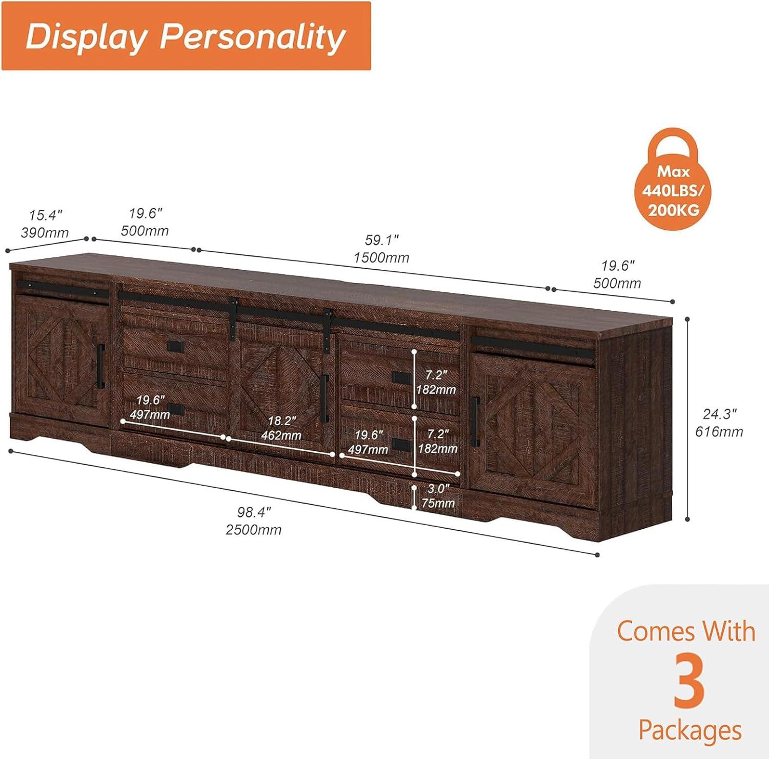 Farmhouse TV Stand for up to 110" TVs with Drawers and Adjustable Shelf for Living Room, Rustic Brown