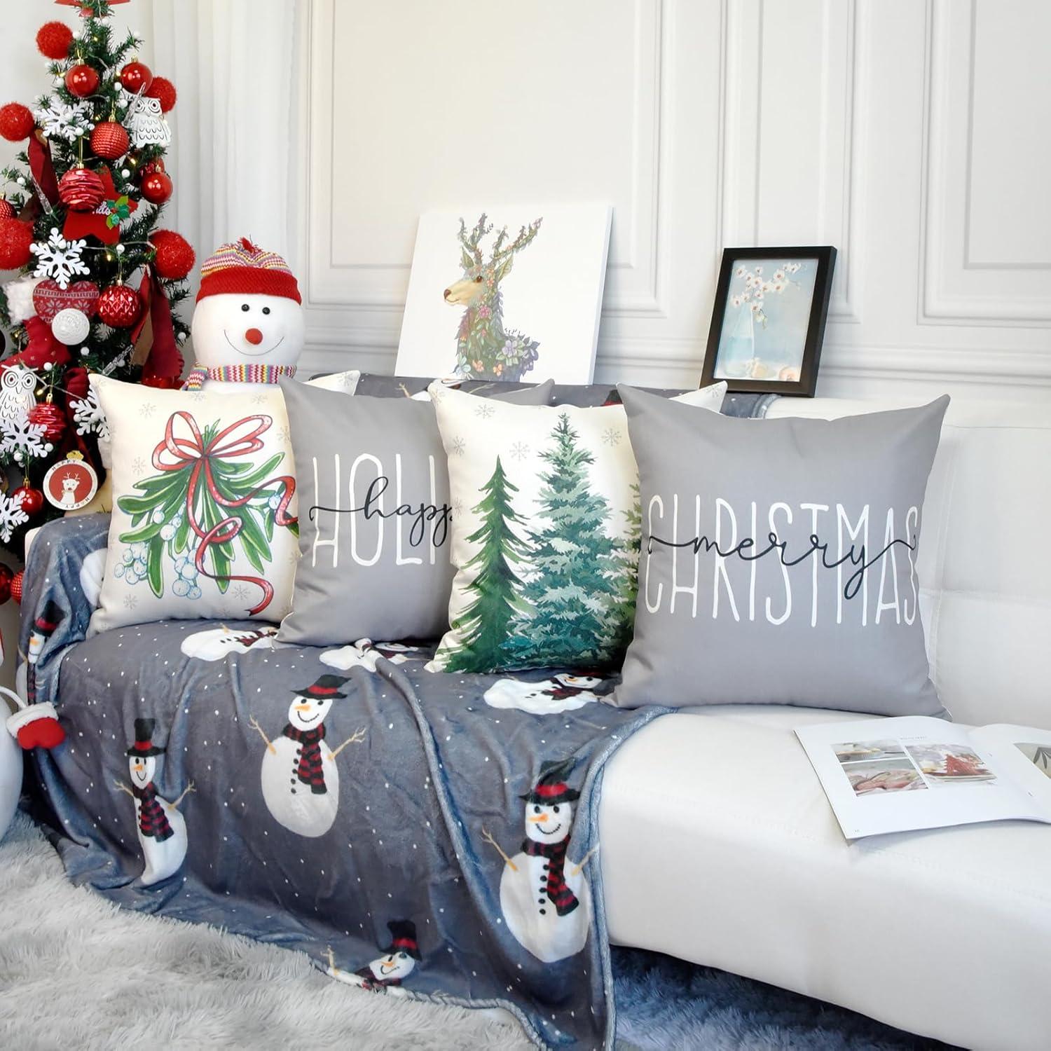 Christmas Pillow Covers 18 x 18 Inch Set of 4  Grey Merry Xmas Tree Snow Hello Winter Decorative Throw Pillowcases Farmhouse Holiday Pillow Cases Decoration for Sofa Couch AA273-18