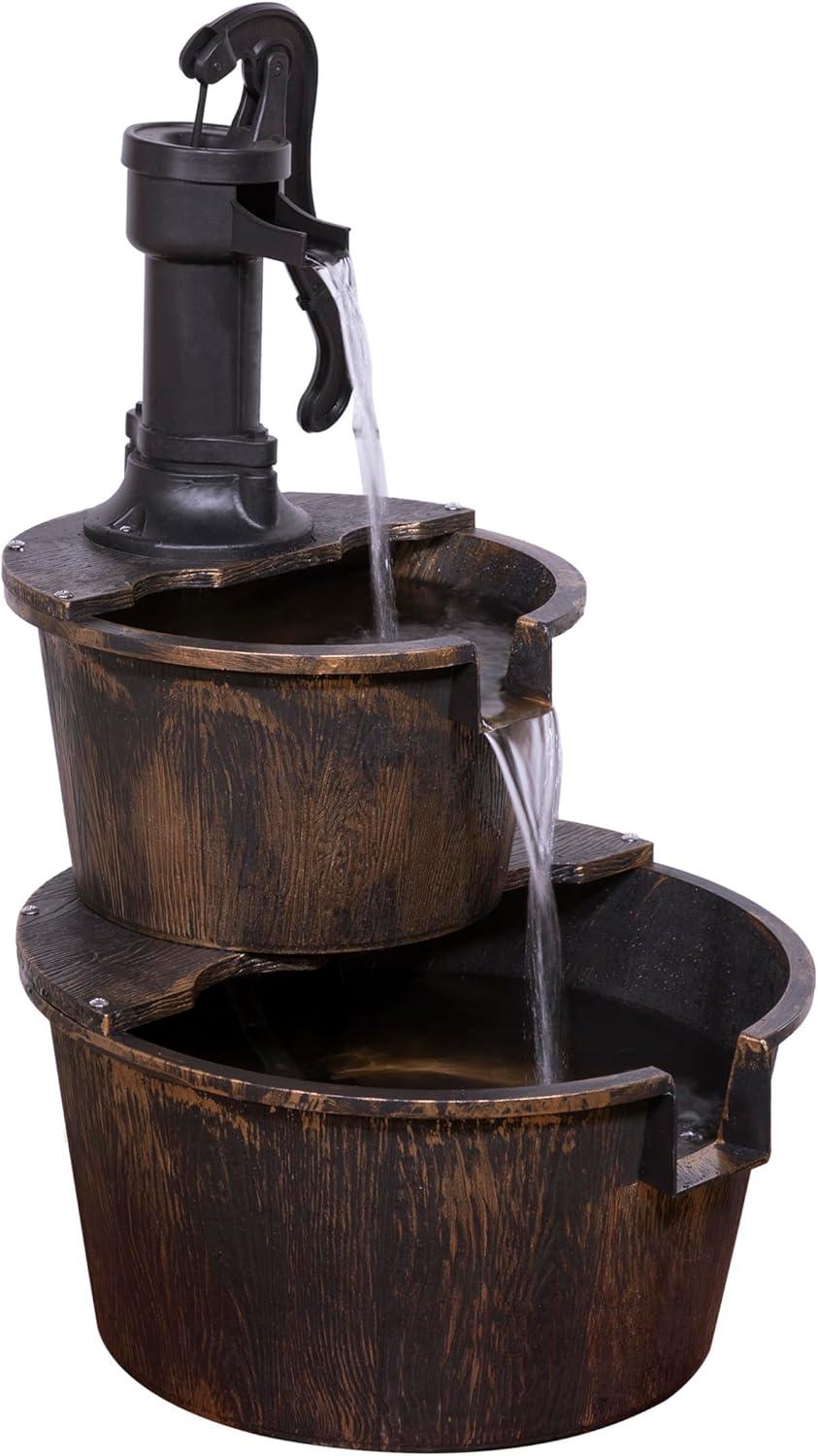 Alpine Corporation 27" Two-Tier Barrel & Pump Outdoor Fountain, Bronze