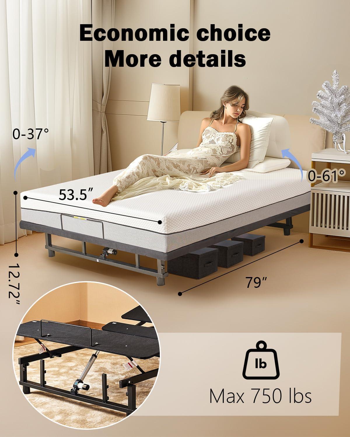 Full Size Black Metal Adjustable Bed Frame with Wireless Remote