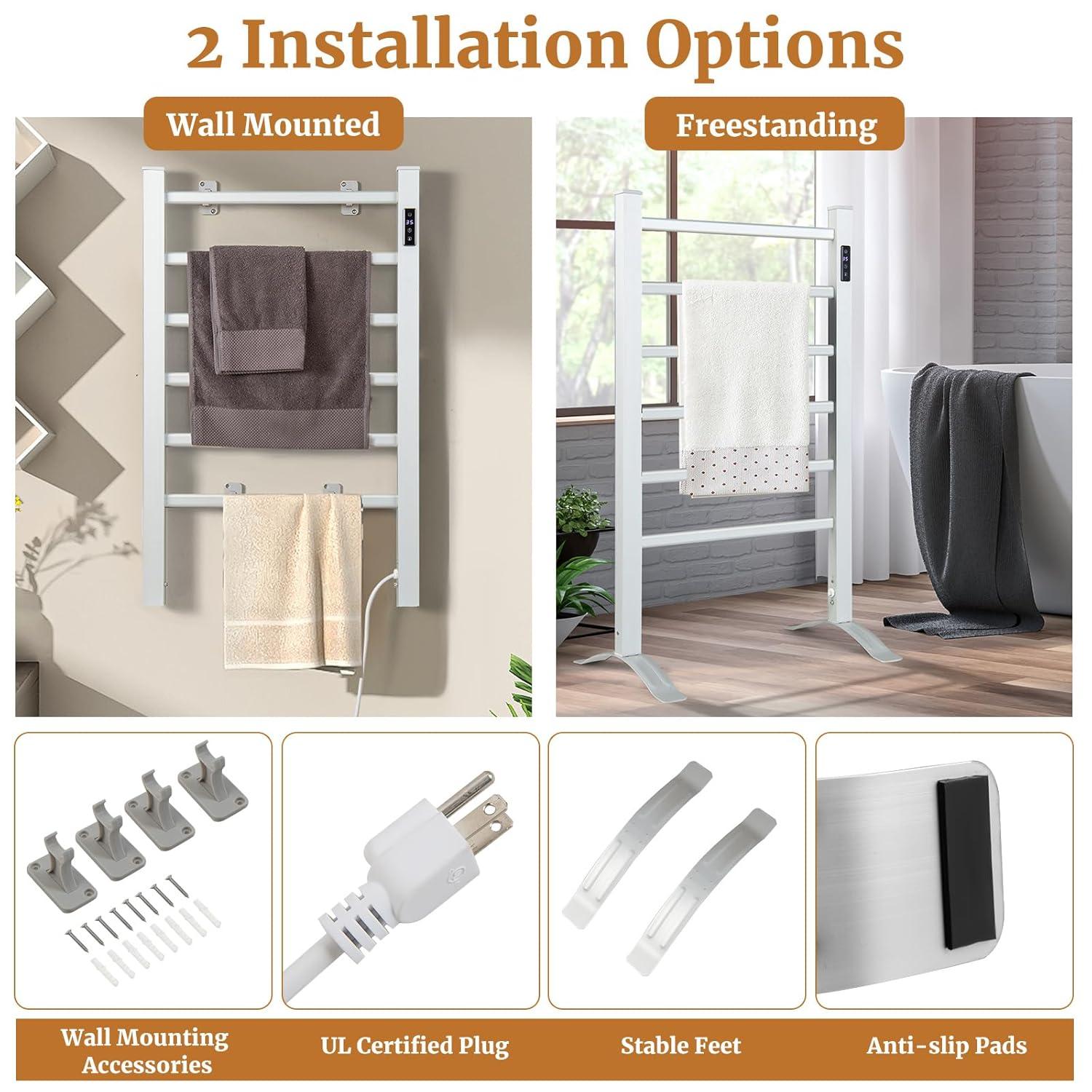 Costway Freestanding Wall Mounted Towel Warmer 6-Bar Aluminum Heated Towel Rack w/ Timer