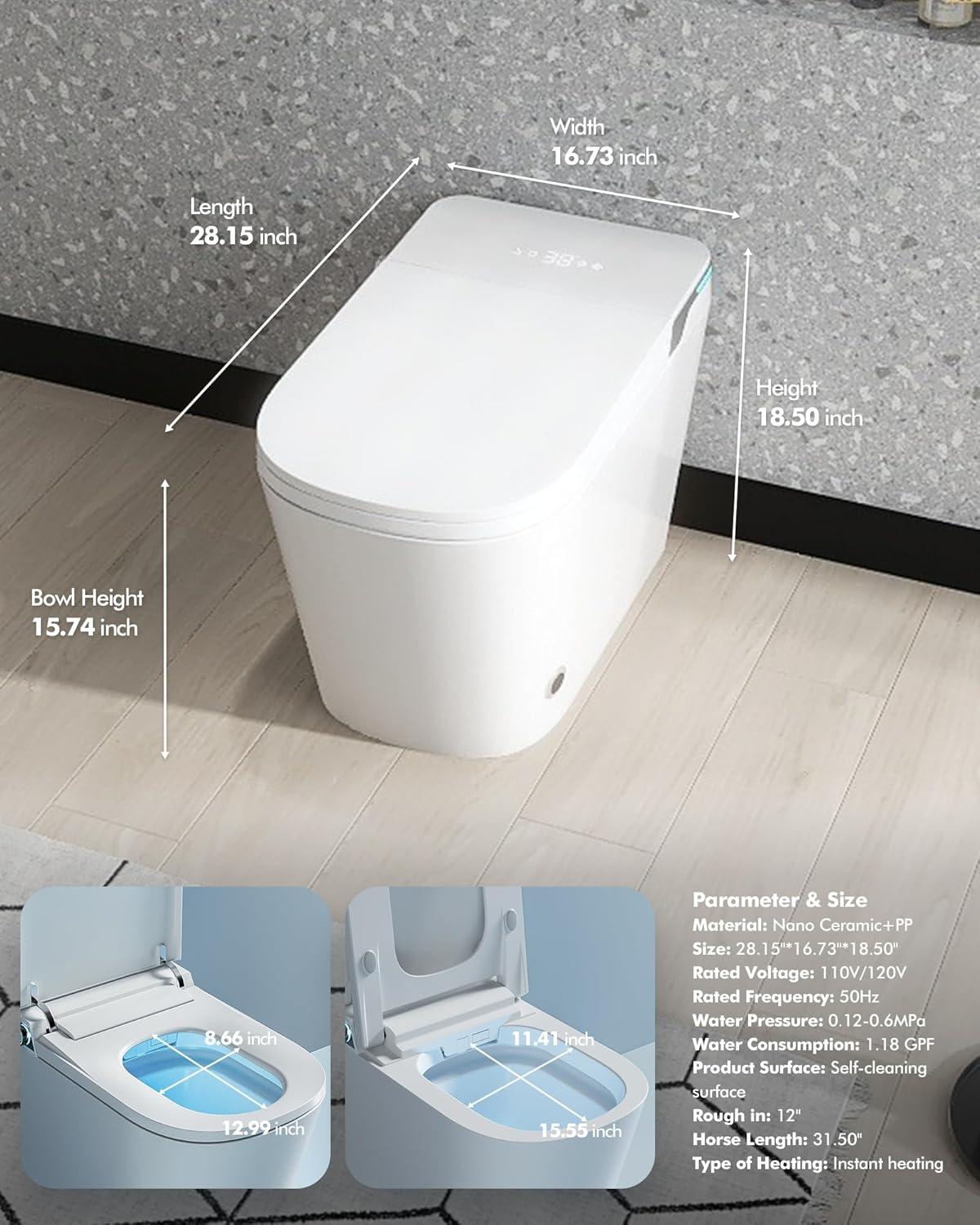 Smart Toilet with Built-in Bidet, Heated Seat, Auto Flush, Auto Open & Close Lid, Warm Water, Dryer, Foot Sensor, Nightlight, Wireless Remote Control