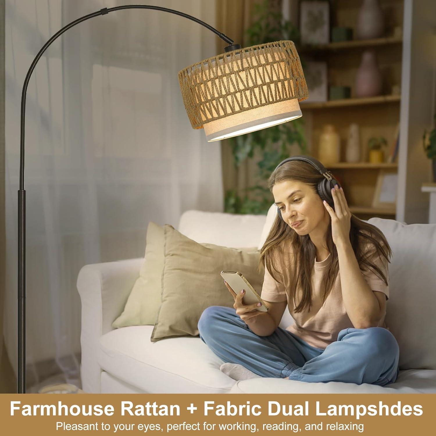 Rattan Floor Lamp, Dimmable Arc Floor Lamps for Living Room, Boho Farmhouse Standing Lamp with Adjustable Head, Tall Pole Lamp Reading Light for Bedroom, Over Couch, Office, 9W LED Bulb Included