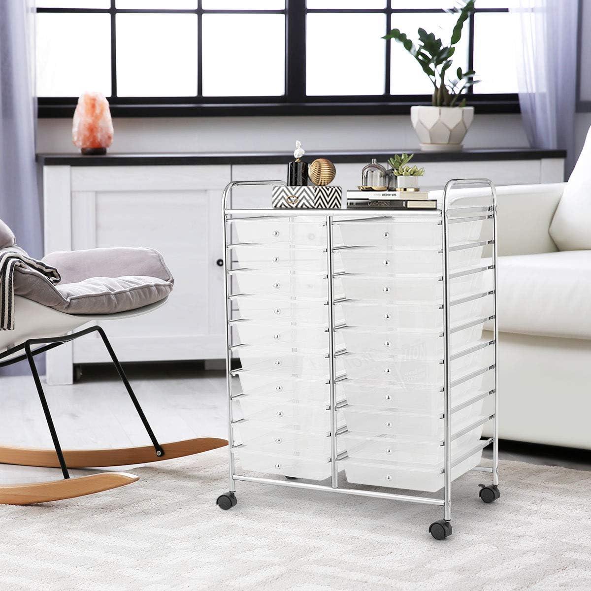 20-Drawer Organizer Cart Office School Storage Cart Rolling Drawer Clear