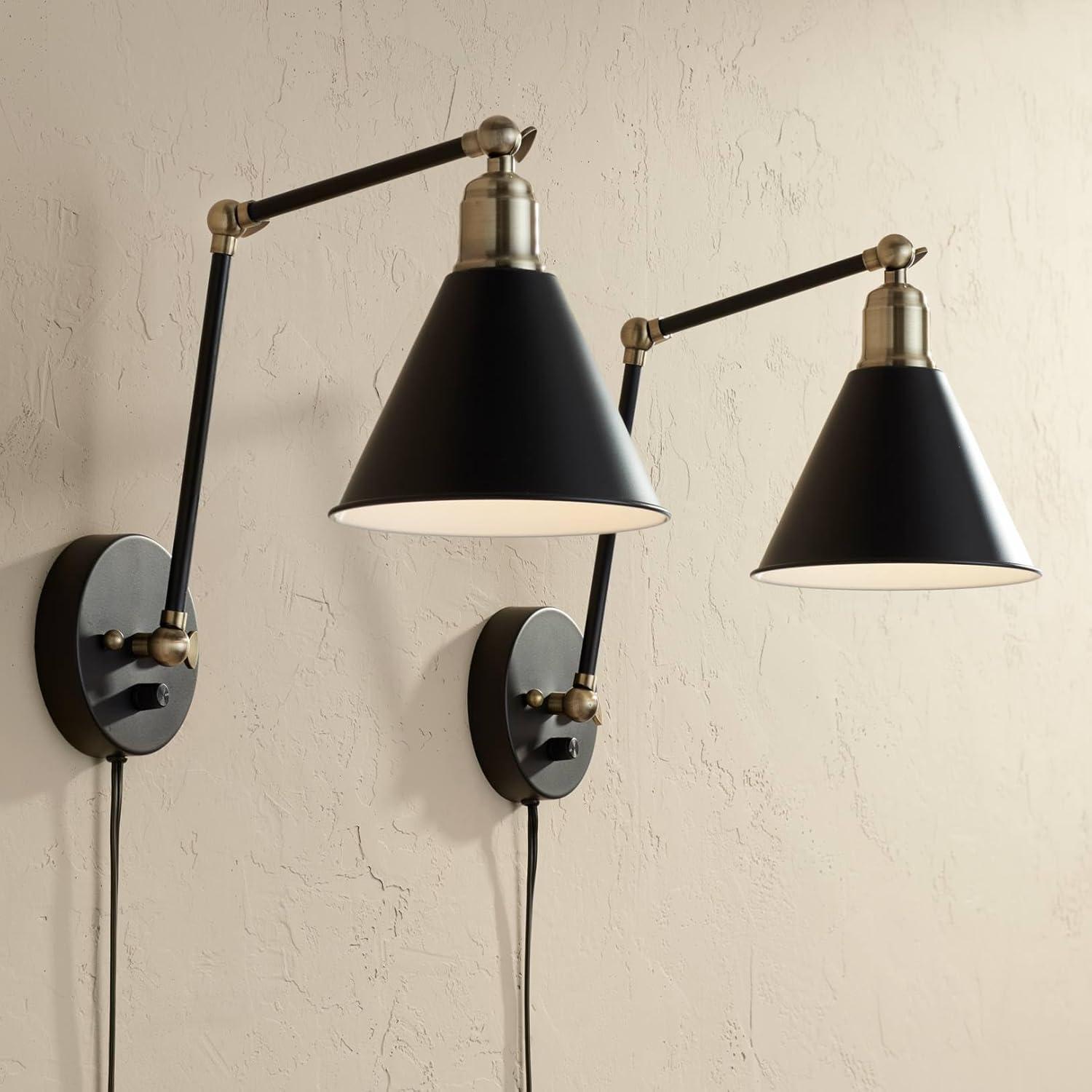 Black and Brass Adjustable Swing Arm Wall Lamp Set