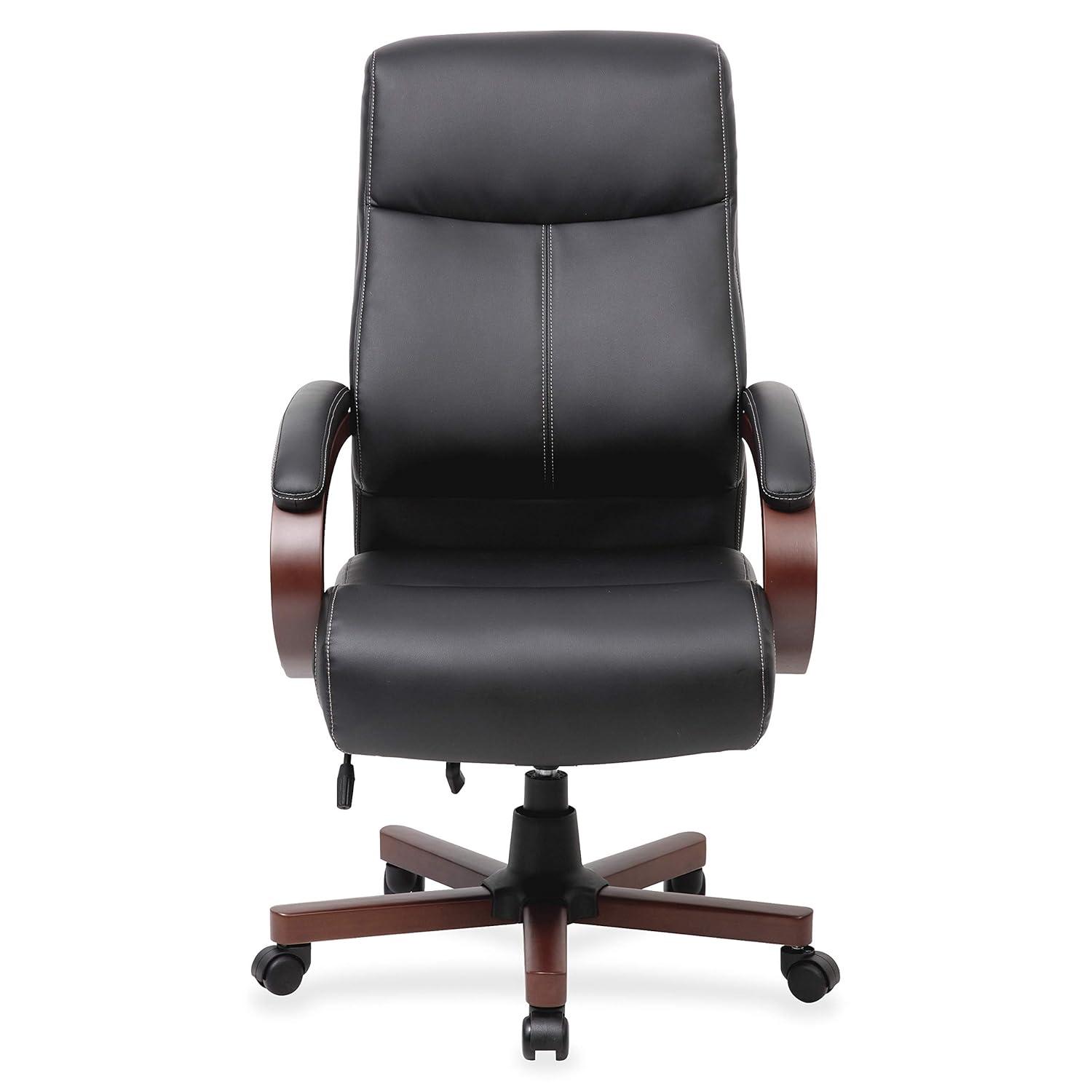 Lorell Executive High-Back Wood Finish Office Chair - Black Bonded Leather Seat - Black Bonded Leather Back - High Back - Black, Mahogany - 1 Each