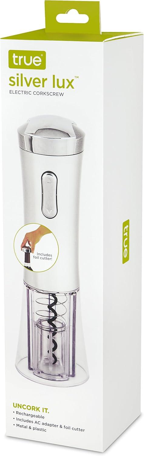 True Lux Electric Wine Opener, Rechargeable Corkscrew with Charger, Silver