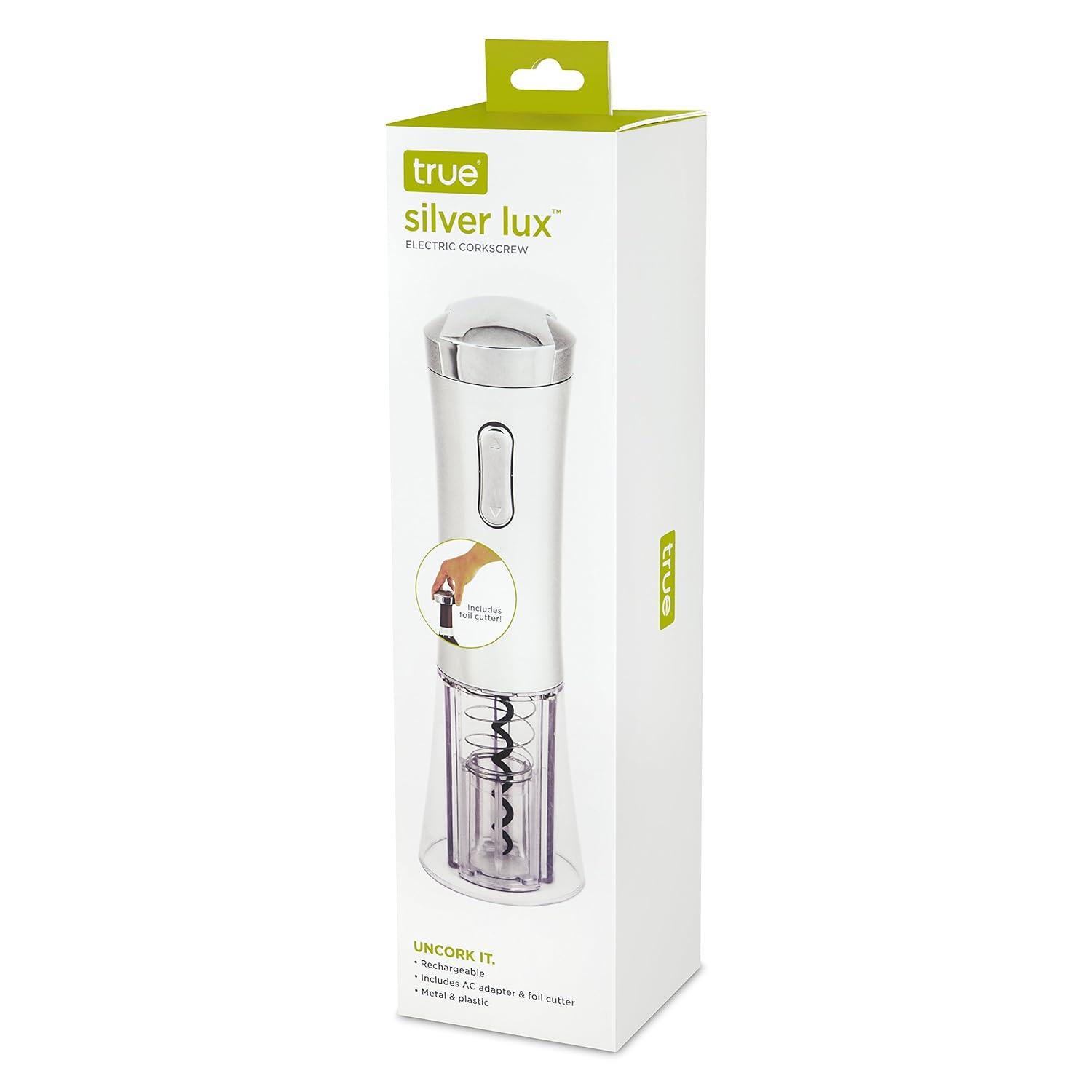 True Lux Electric Wine Opener, Rechargeable Corkscrew with Charger, Silver