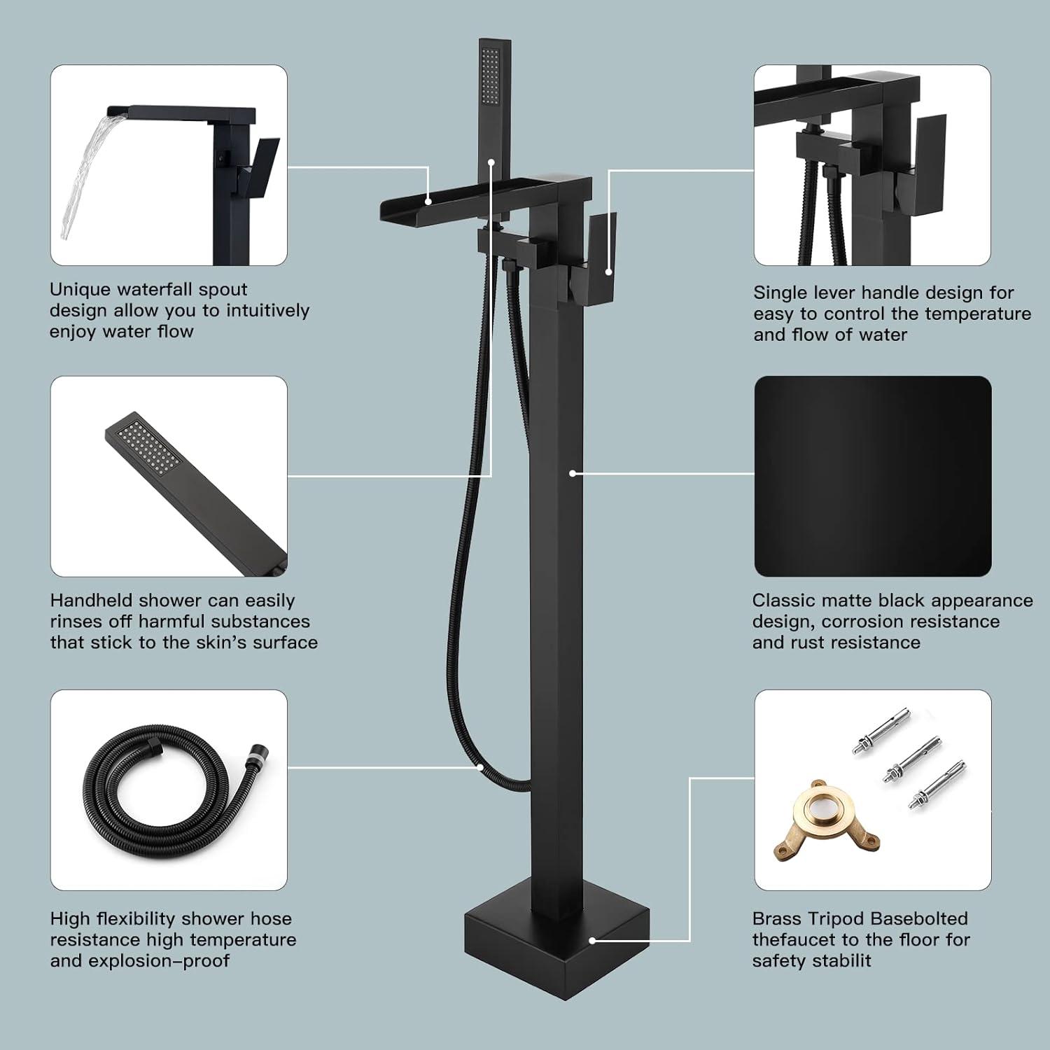 Freestanding Bathtub Faucet Matte Black Waterfall Bathtub Faucet Floor Mount Tub Filler Single Handle Bathtub Shower Faucets with Hand Shower Swivel Spout Brass Mixer Tap by BWE