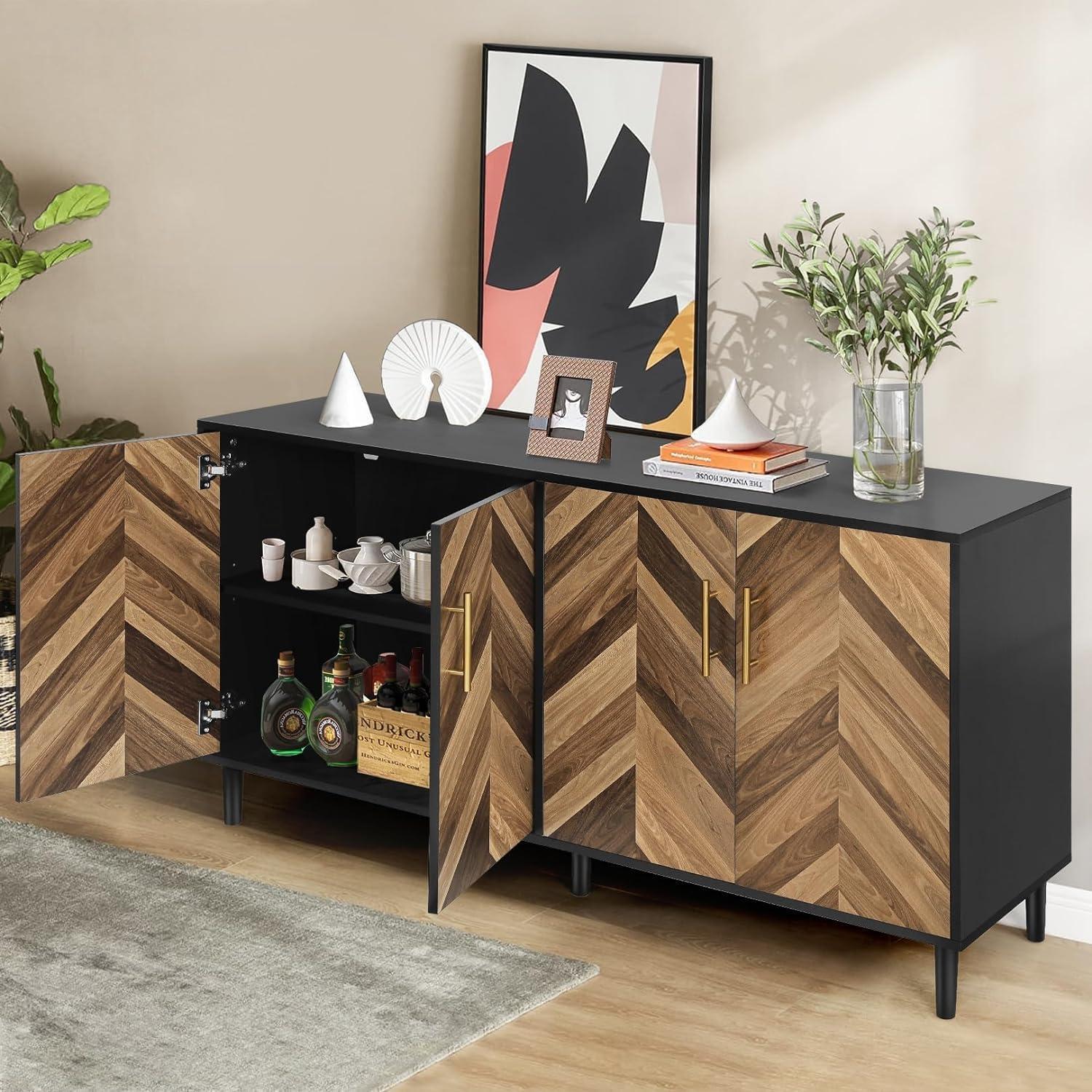 Accent Cabinet, Black Storage Cabinet with Doors Mid Century Modern Sideboard Buffet Cabinet with Storage Shelves Small Wood Accent Cabinets for Living Room Entryway Office, Brown Herringbone