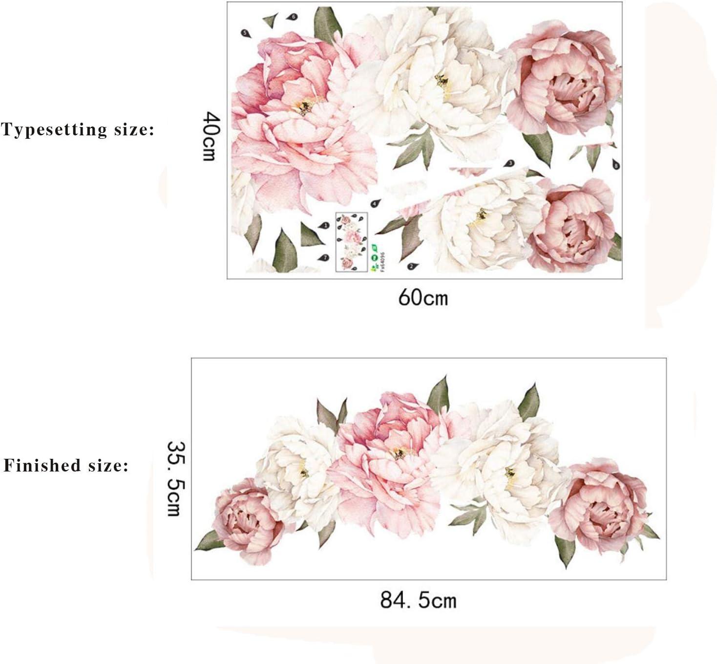 Peony Flowers Wall Sticker Waterproof PVC Peony Rose Flowers Wall Decals Removable Floral Wall Decor Sticker for Living Room Bedroom Nursery Room