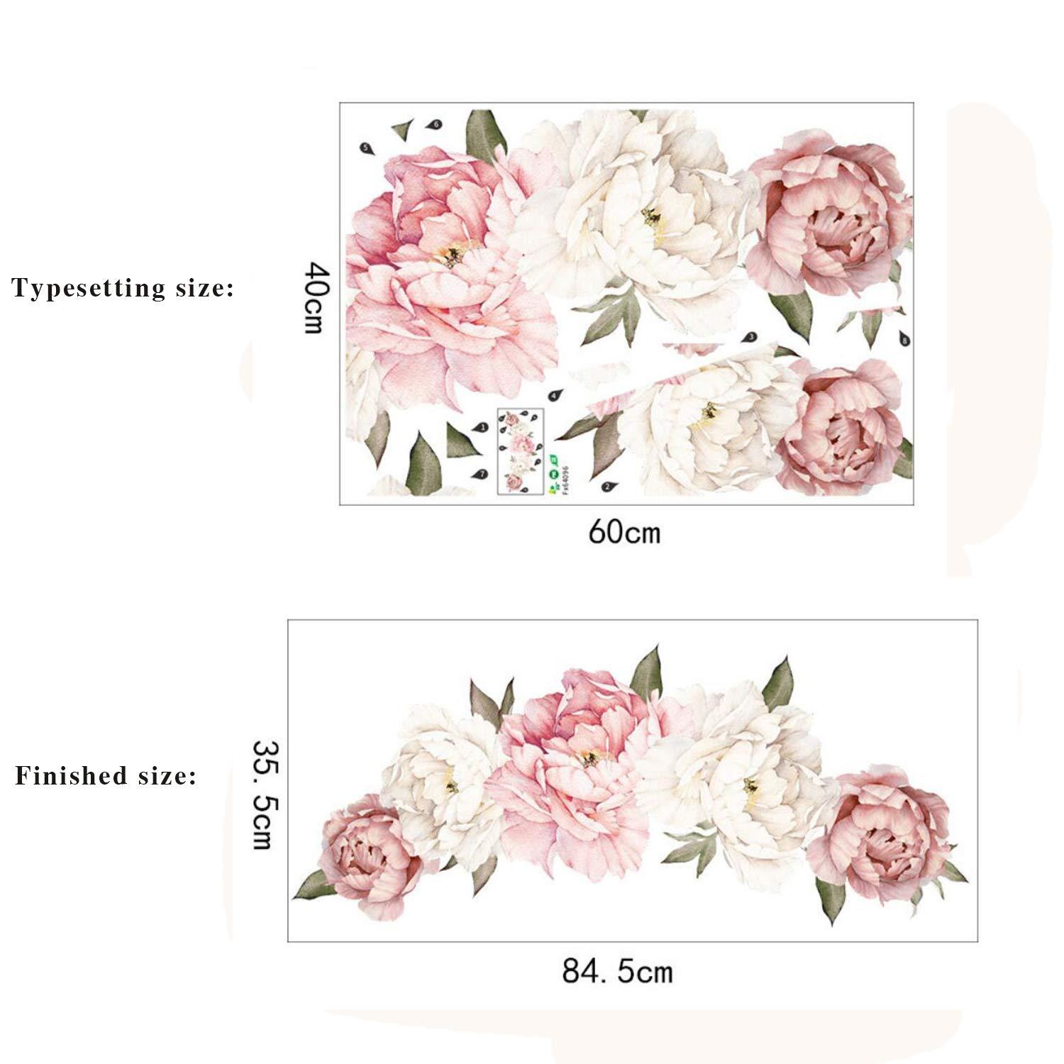 Peony Flowers Wall Sticker Waterproof PVC Peony Rose Flowers Wall Decals Removable Floral Wall Decor Sticker for Living Room Bedroom Nursery Room